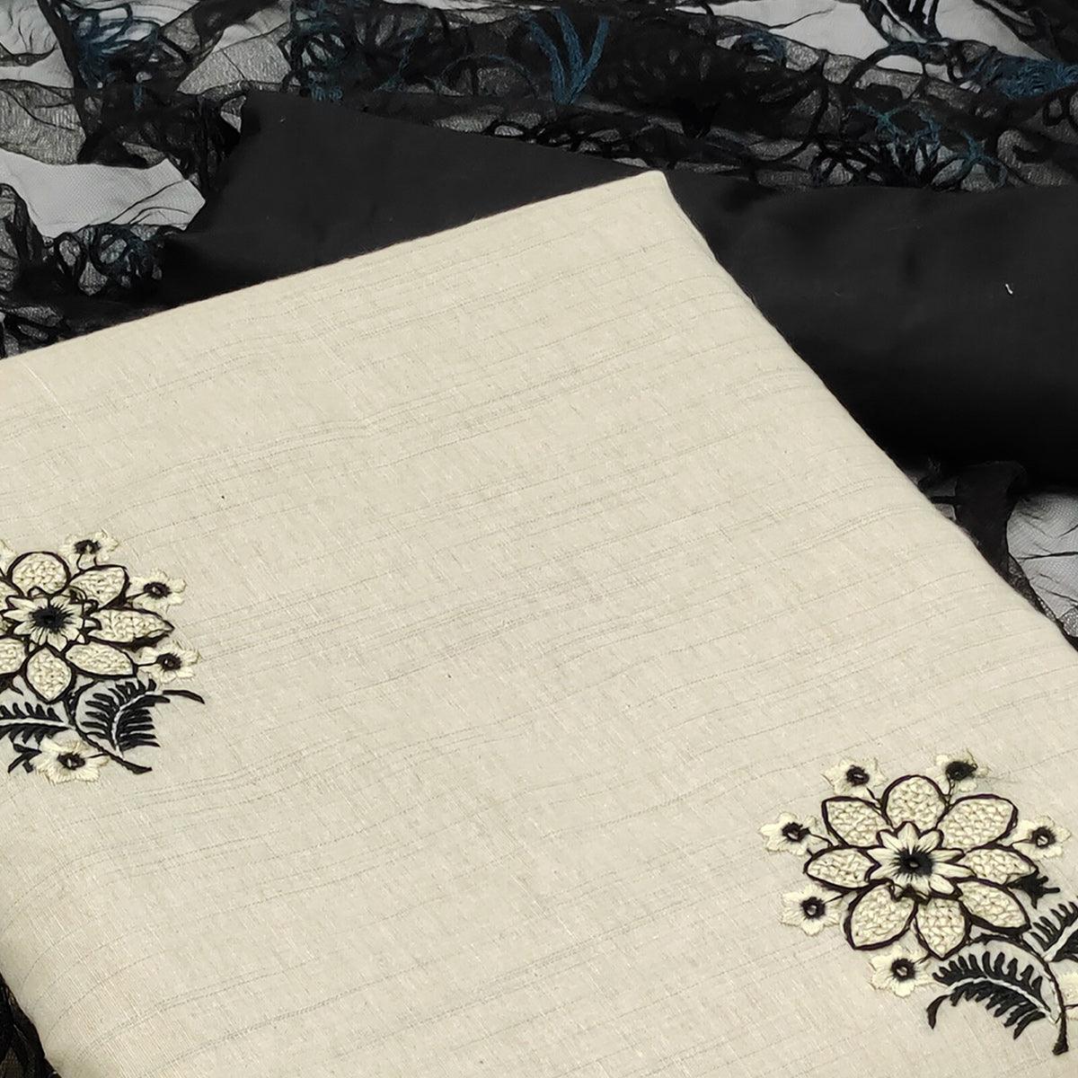 Cream - Black Casual Wear Floral Embroidered Cotton Dress Material - Peachmode