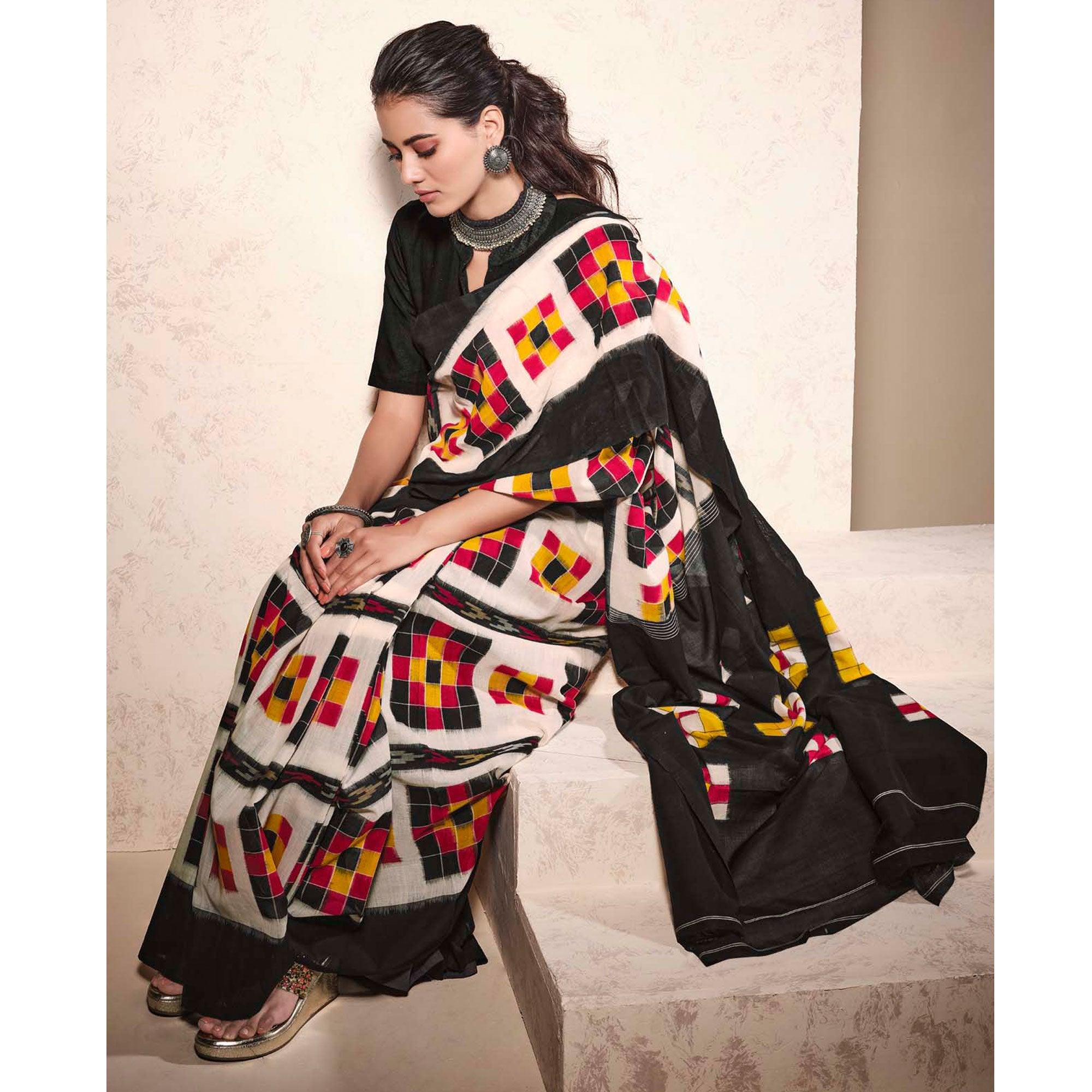 Cream-Black Casual Wear Ikkat Printed Mul Mul Cotton Saree - Peachmode