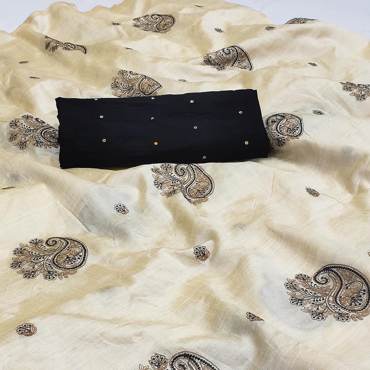 Cream-Black Embroidered Assam Silk Saree - Peachmode