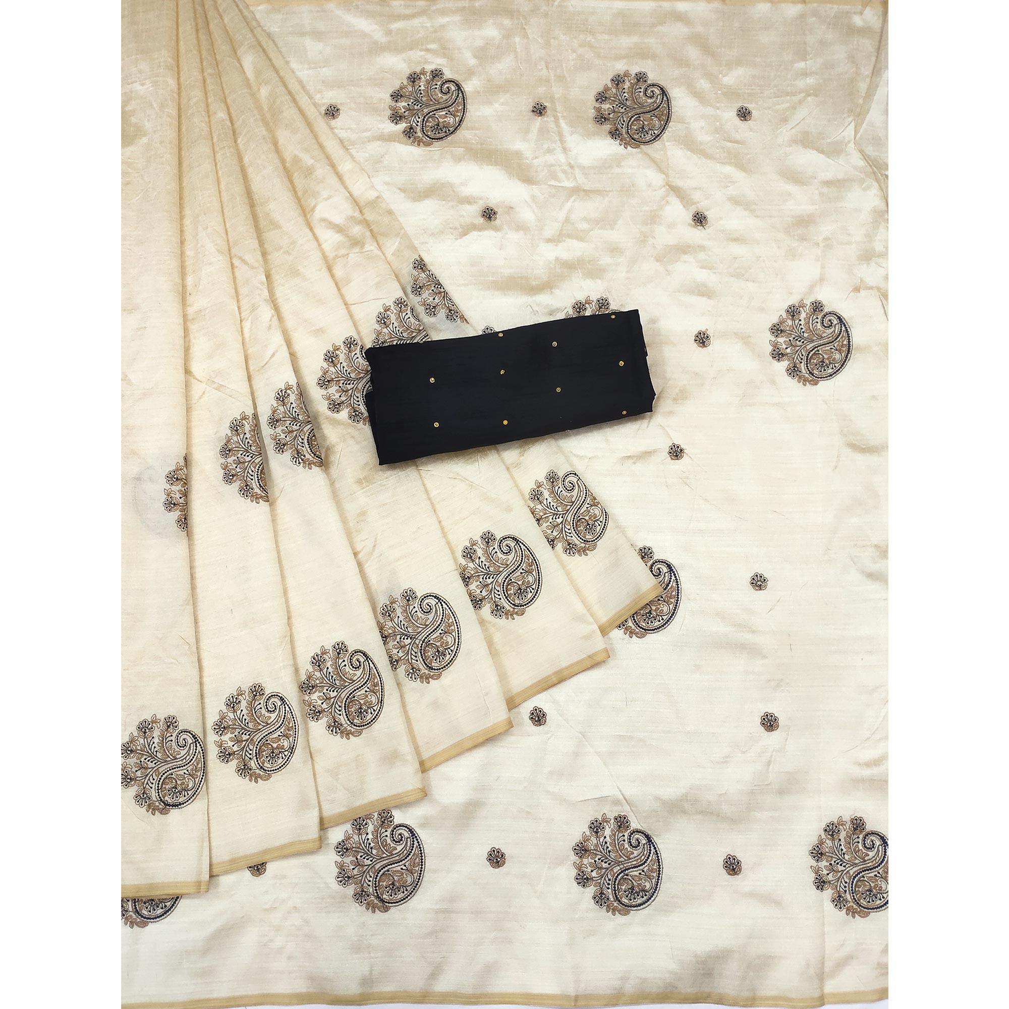 Cream-Black Embroidered Assam Silk Saree - Peachmode