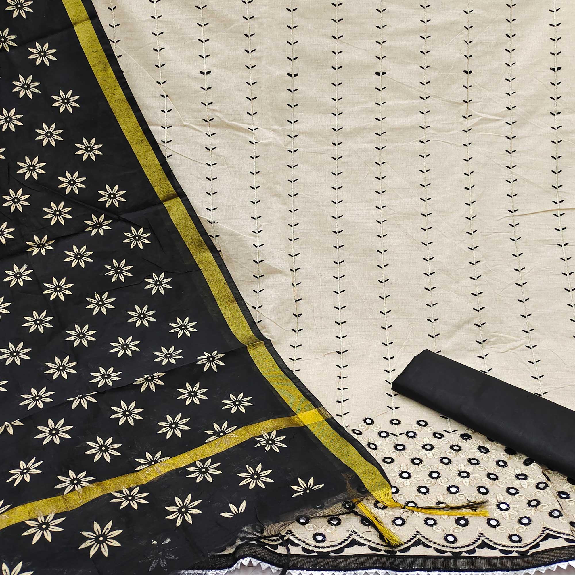 Cream - Black Festive Wear Embroidery With Mirror Work Cotton Dress Material - Peachmode