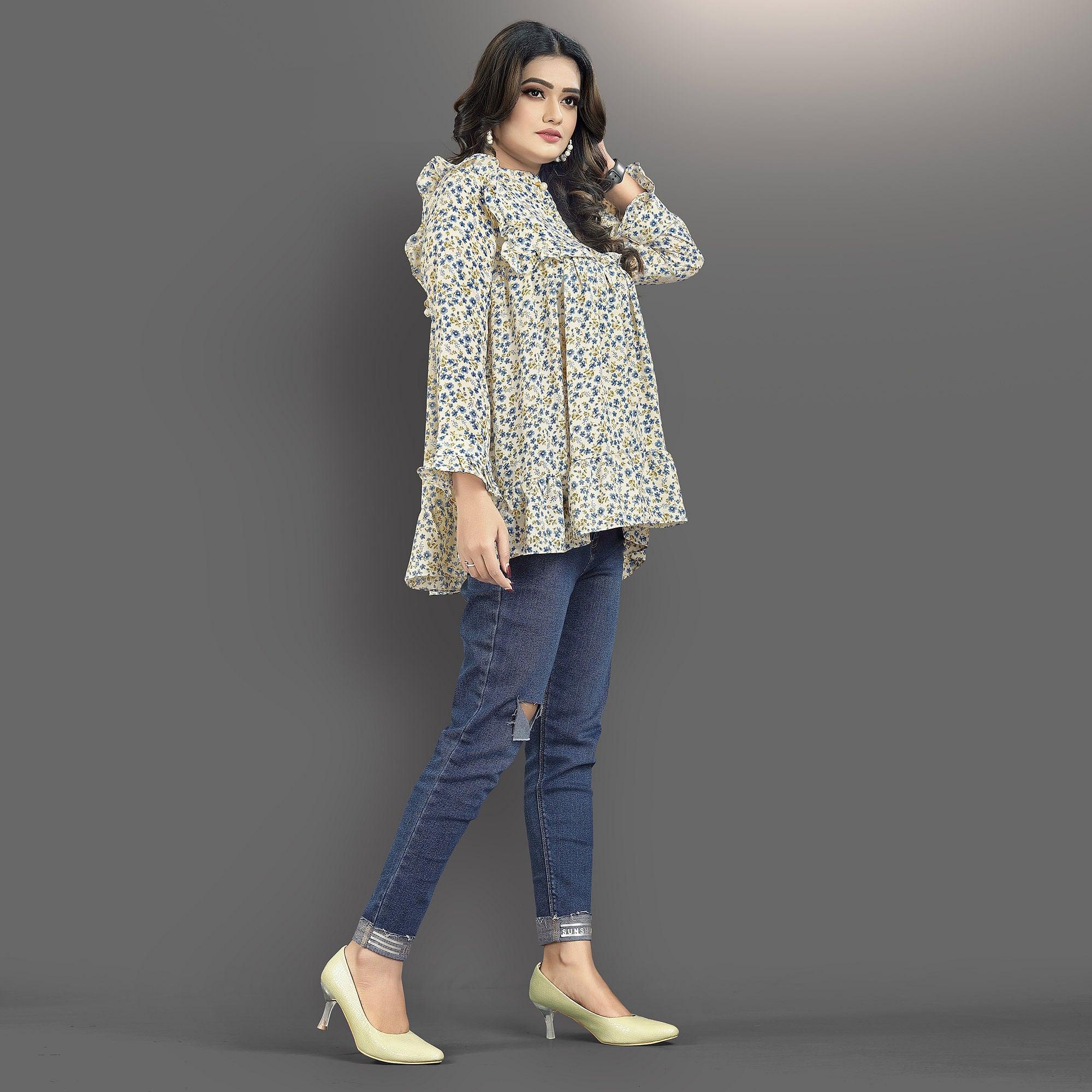 Cream-Blue Casual Wear Floral Printed Lycra Top - Peachmode