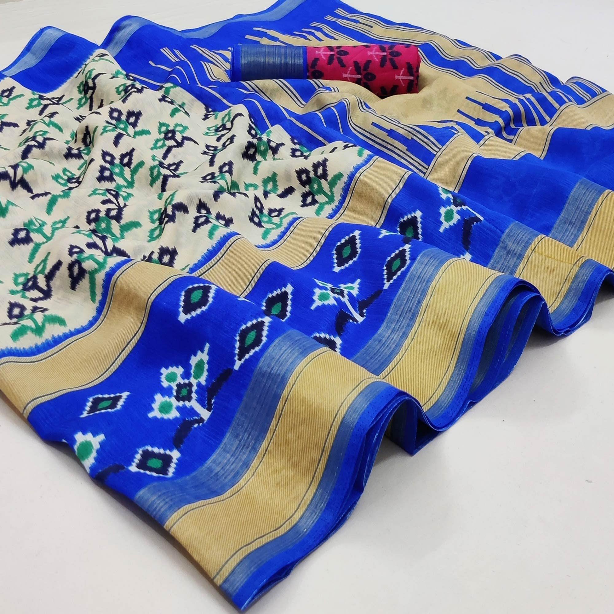 Cream-Blue Casual Wear Printed Cotton Saree With Jari Border - Peachmode