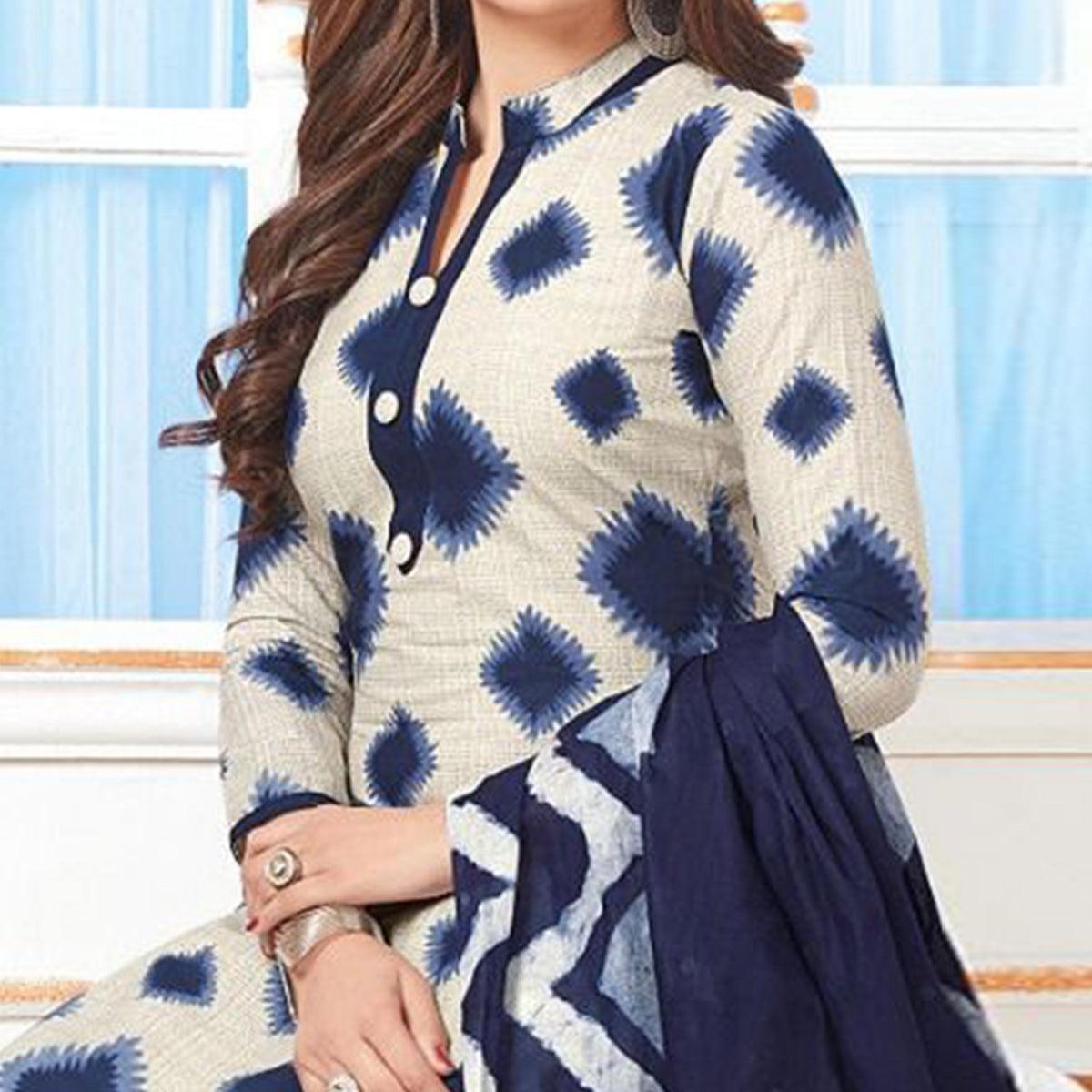 Cream-Blue Casual Wear Printed Crepe Patiala Dress Material - Peachmode