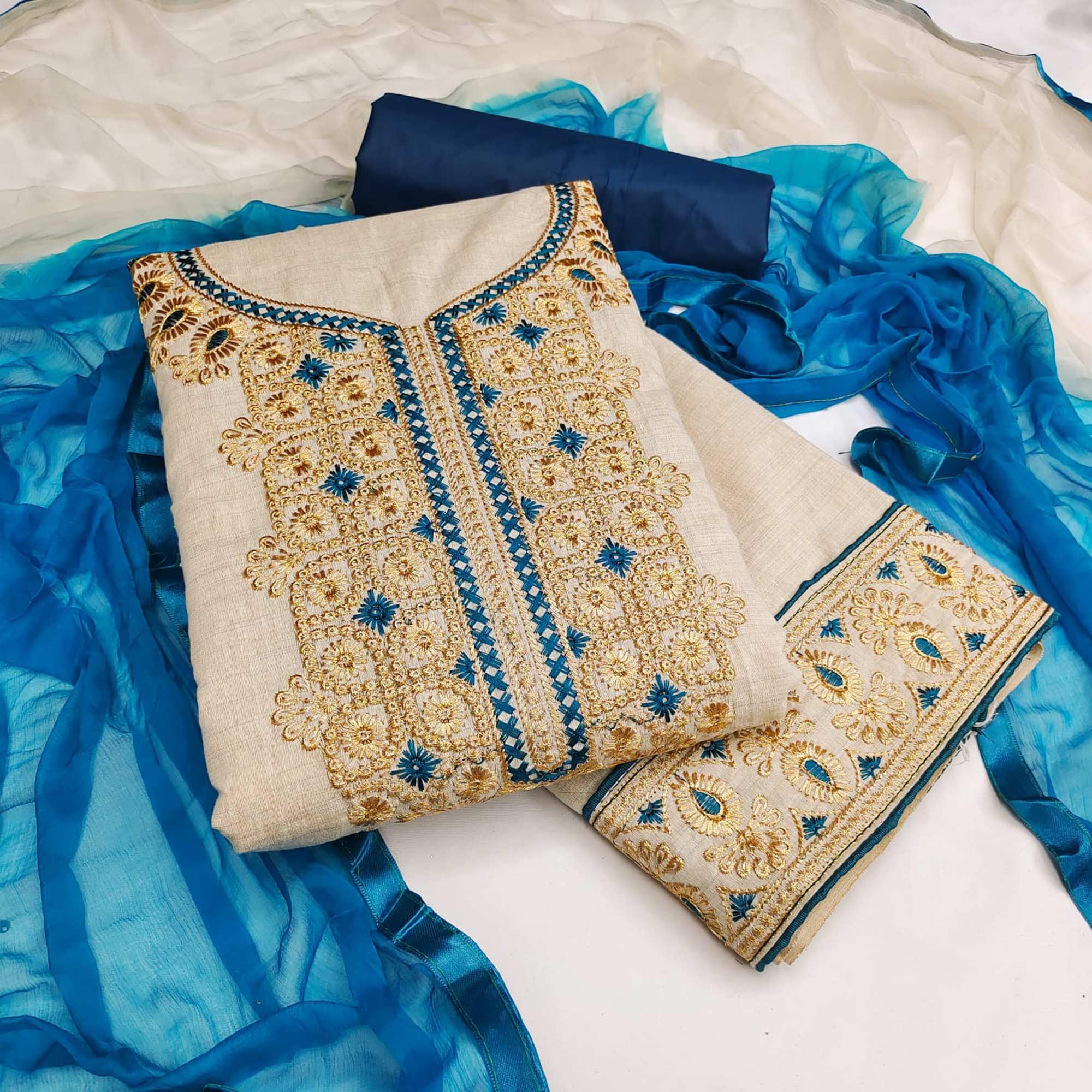 Cream-Blue Festive Wear Embroidery With Mirror Work Cotton Dress Material - Peachmode