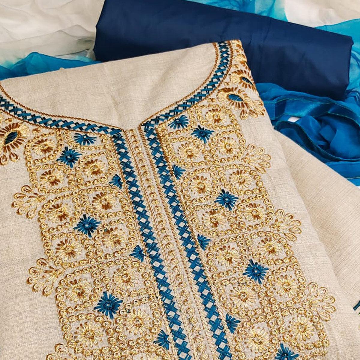 Cream-Blue Festive Wear Embroidery With Mirror Work Cotton Dress Material - Peachmode