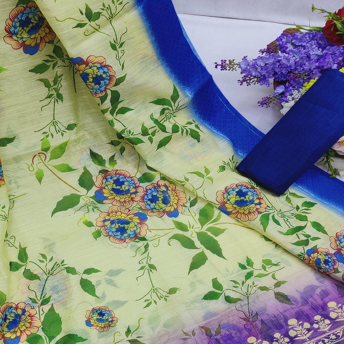 Cream-Blue Festive Wear Floral Digital Printed With Woven Border Soft Cotton Saree - Peachmode