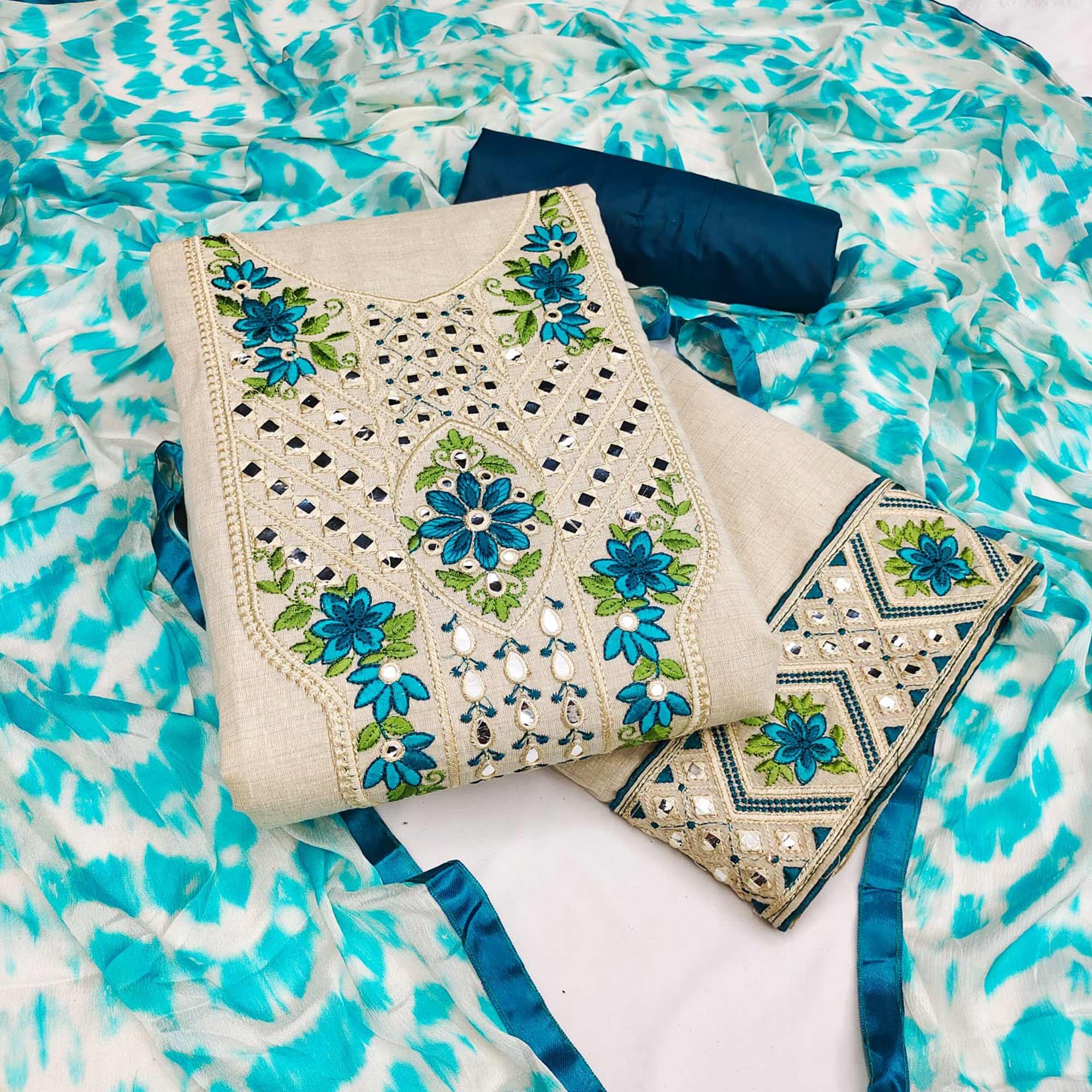 Cream-Blue Festive Wear Floral Embroidery With Mirror Work Cotton Dress Material - Peachmode