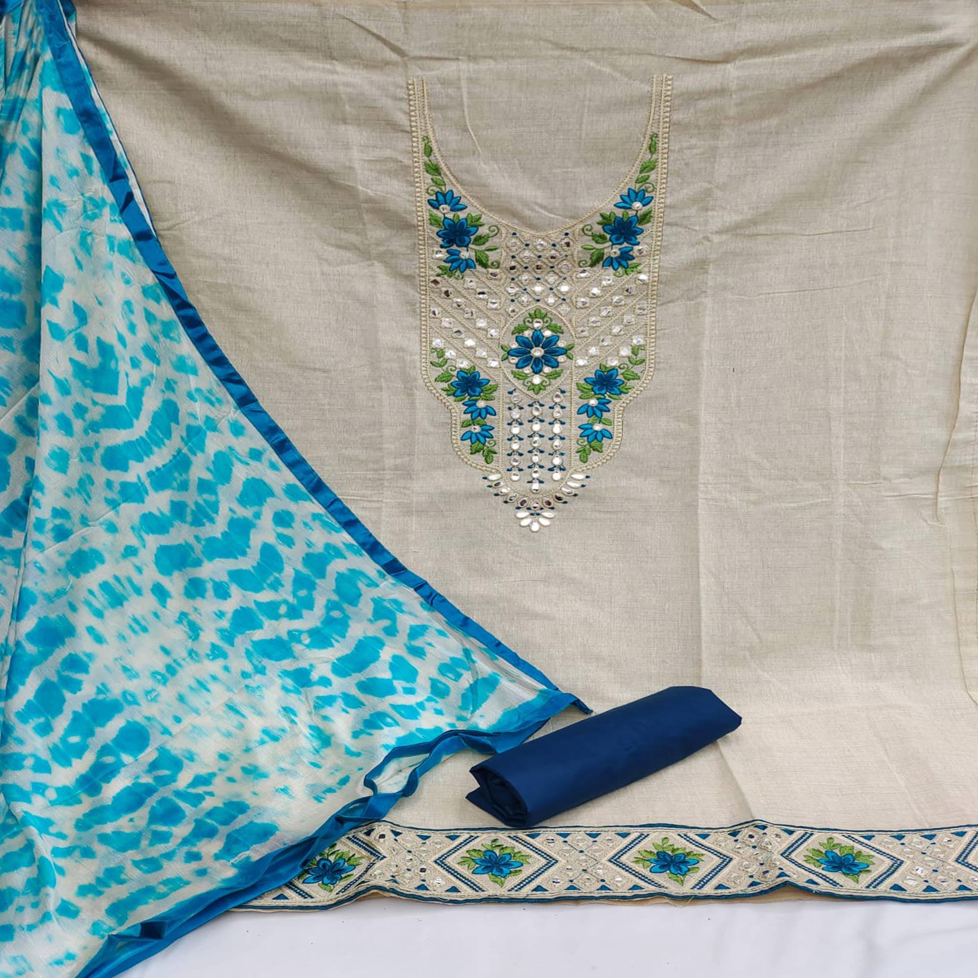 Cream-Blue Festive Wear Floral Embroidery With Mirror Work Cotton Dress Material - Peachmode