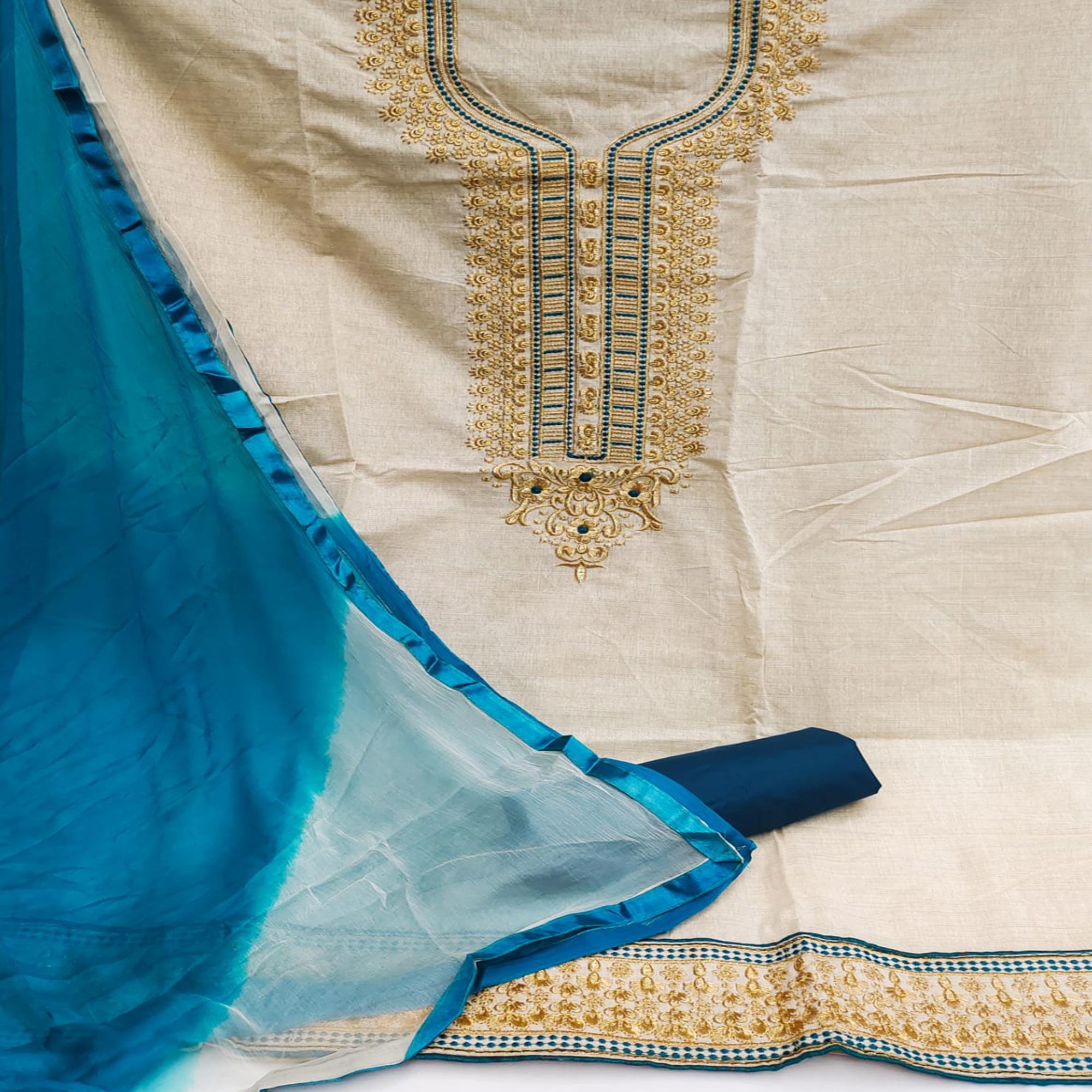 Cream-Blue Festive Wear Mirror Work Cotton Dress Material - Peachmode