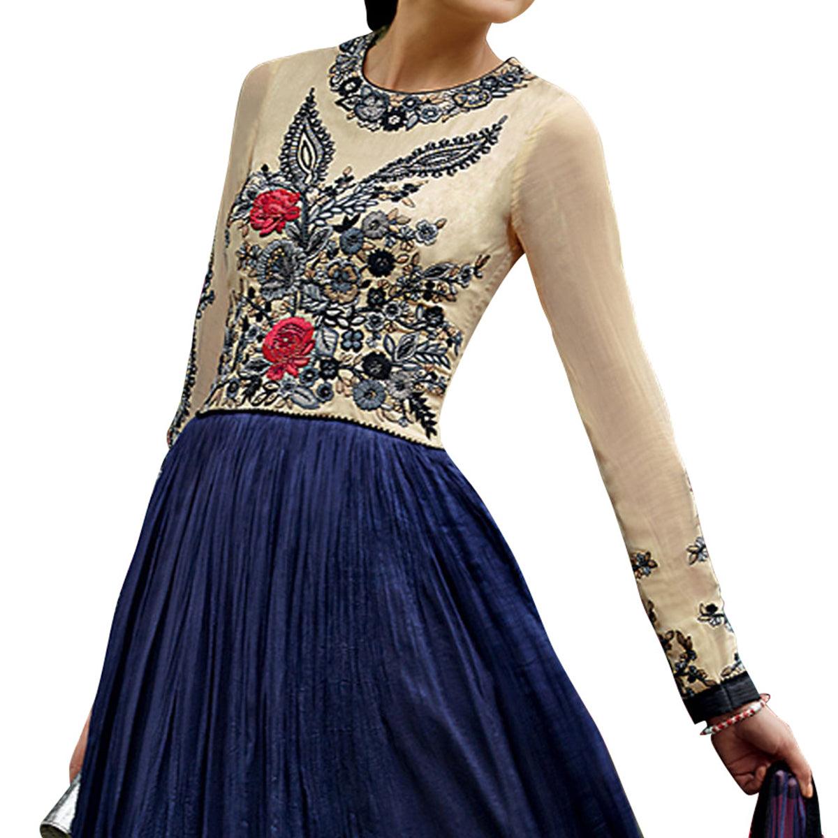 Cream - Blue  Floral Embroidered Anarkali Style Art Silk Gown - Peachmode