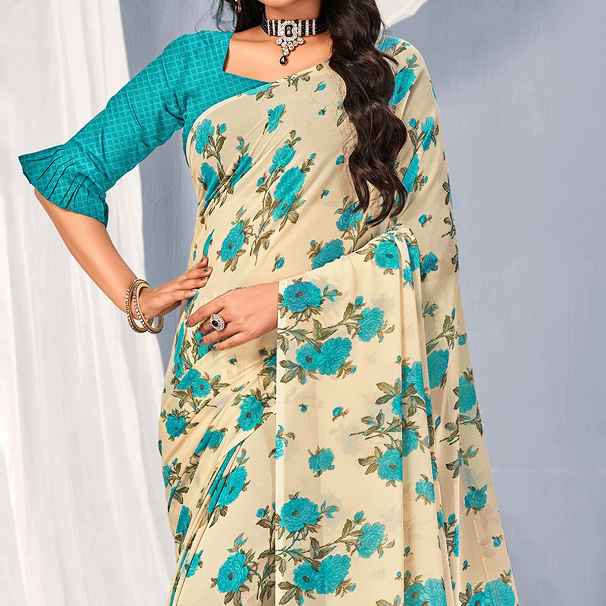 Cream-Blue Floral Printed Georgette Saree - Peachmode