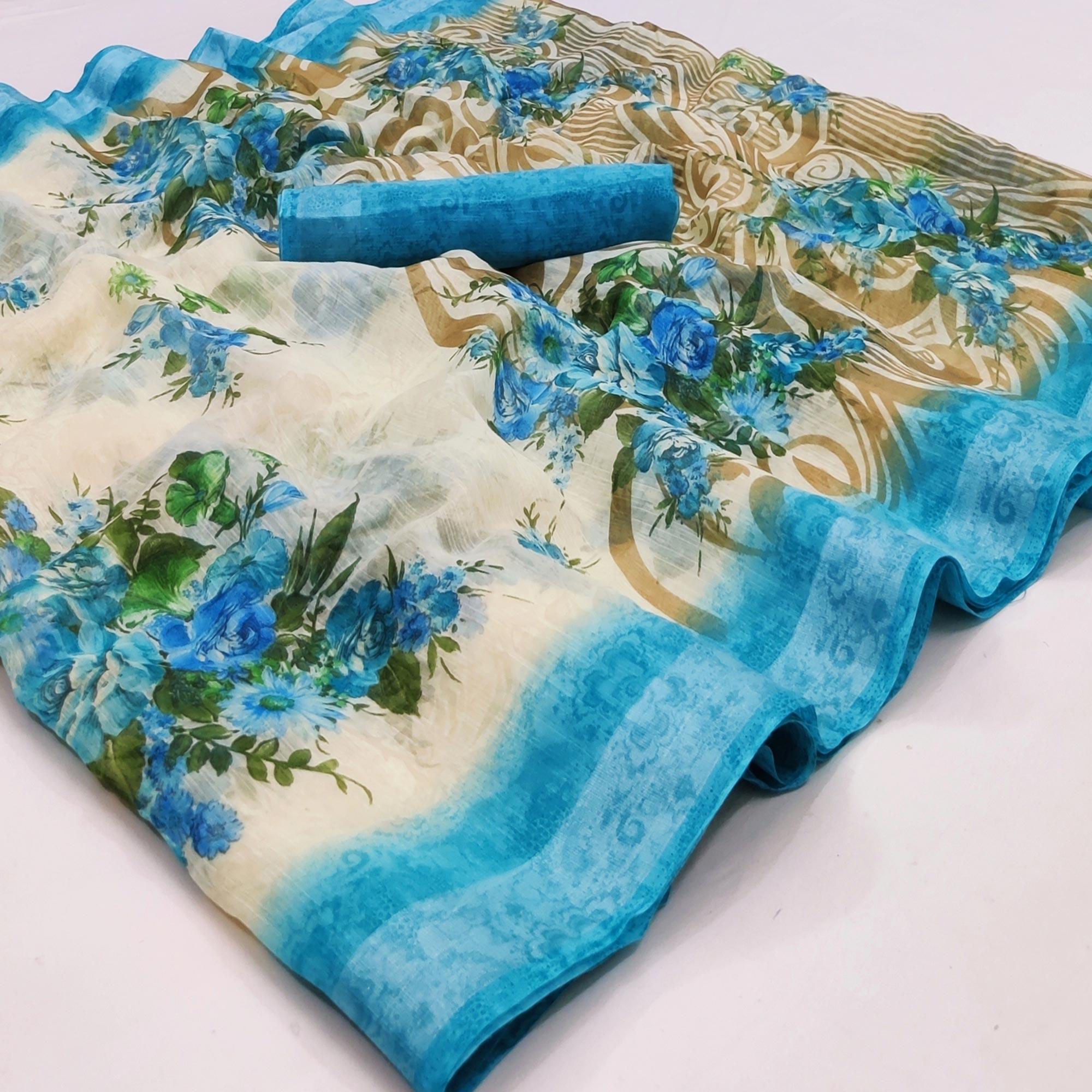 Cream-Blue Floral Printed Linen Saree - Peachmode