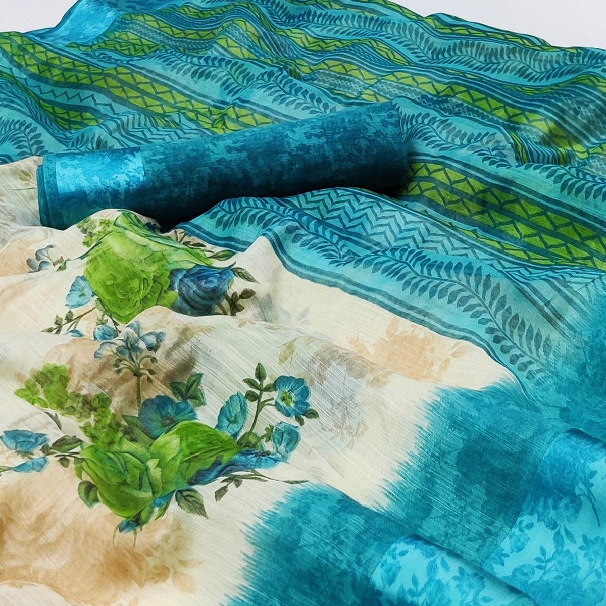 Cream-Blue Floral Printed Linen Saree - Peachmode