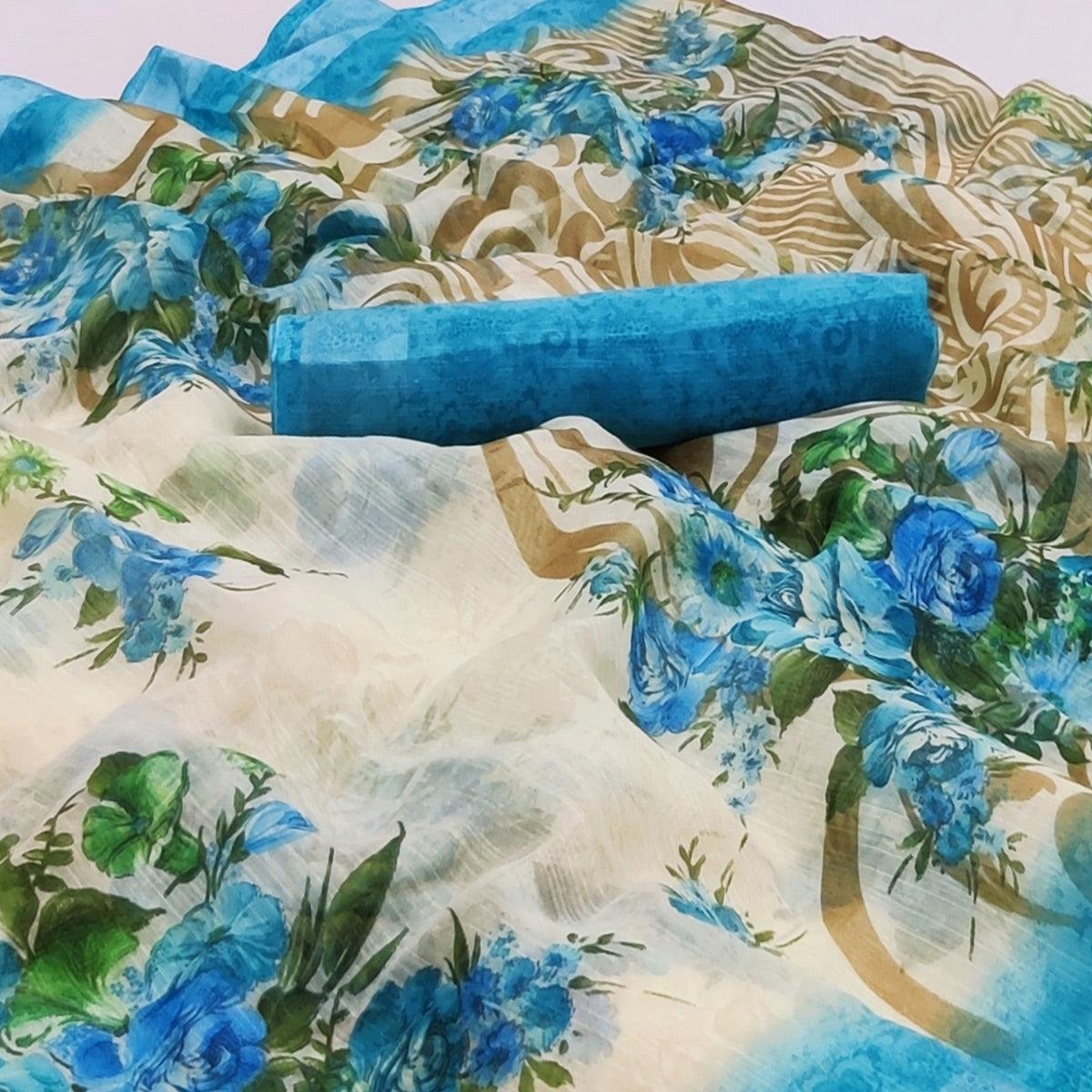 Cream-Blue Floral Printed Linen Saree - Peachmode