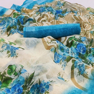 Cream-Blue Floral Printed Linen Saree - Peachmode
