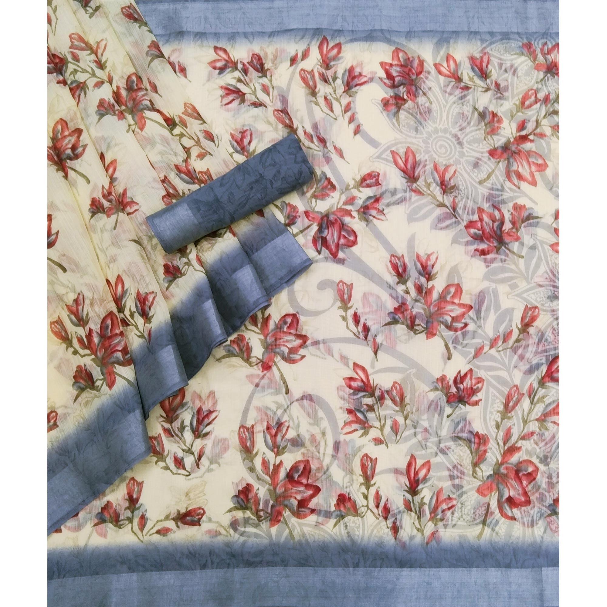 Cream-Blue Printed Linen Saree - Peachmode