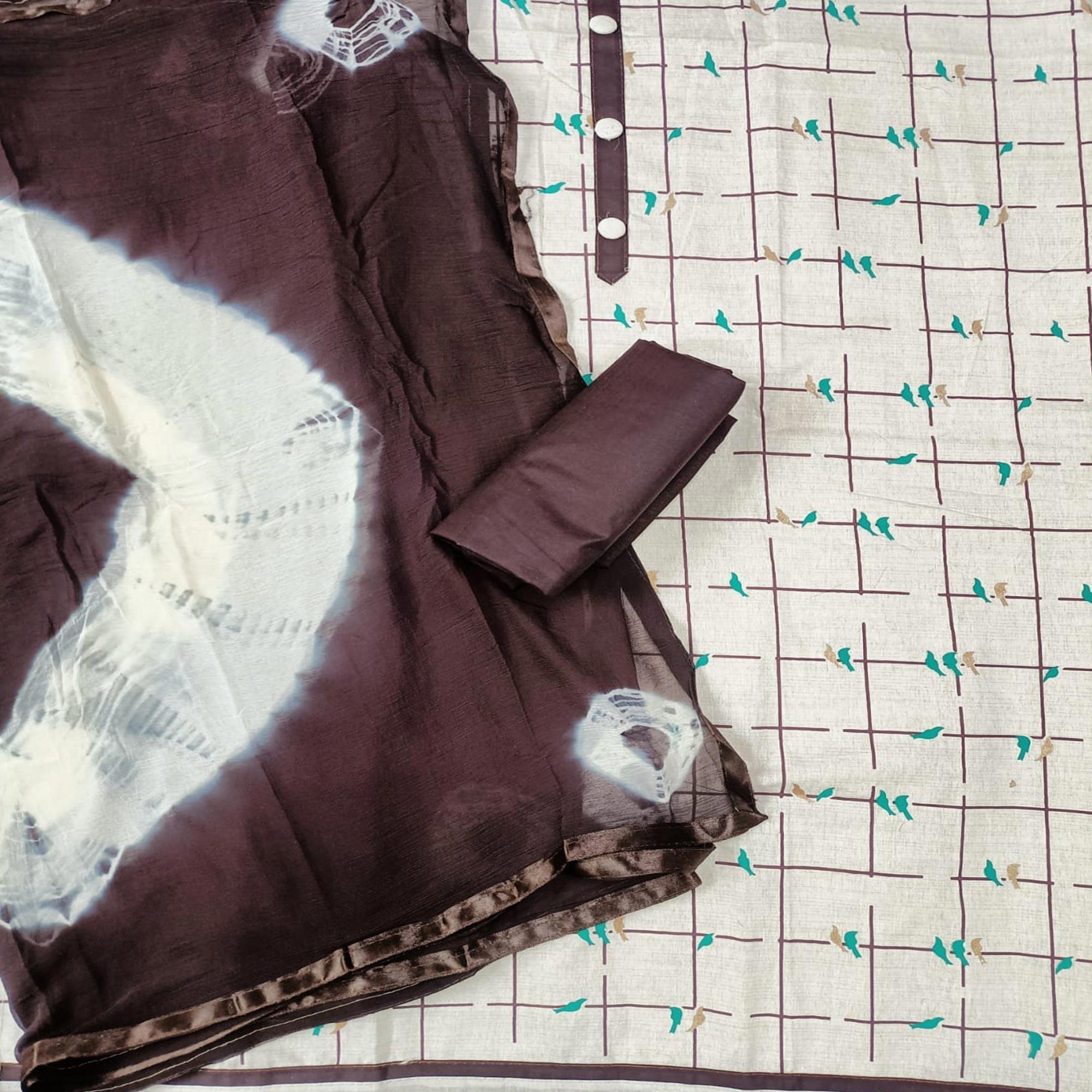 Cream - Brown Casual Wear Foil Printed Cotton Dress Material - Peachmode