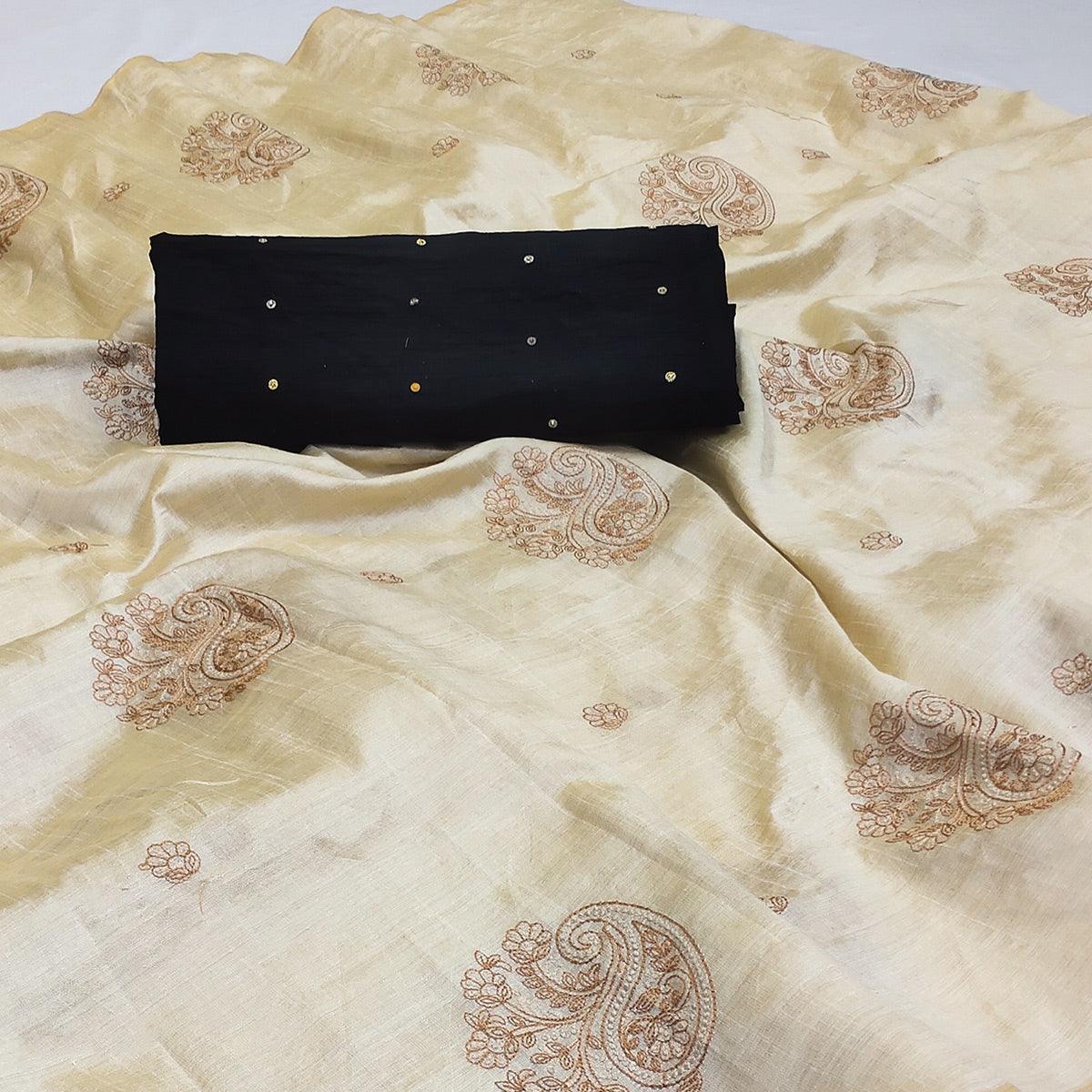 Cream-Brown Embroidered Assam Silk Saree - Peachmode