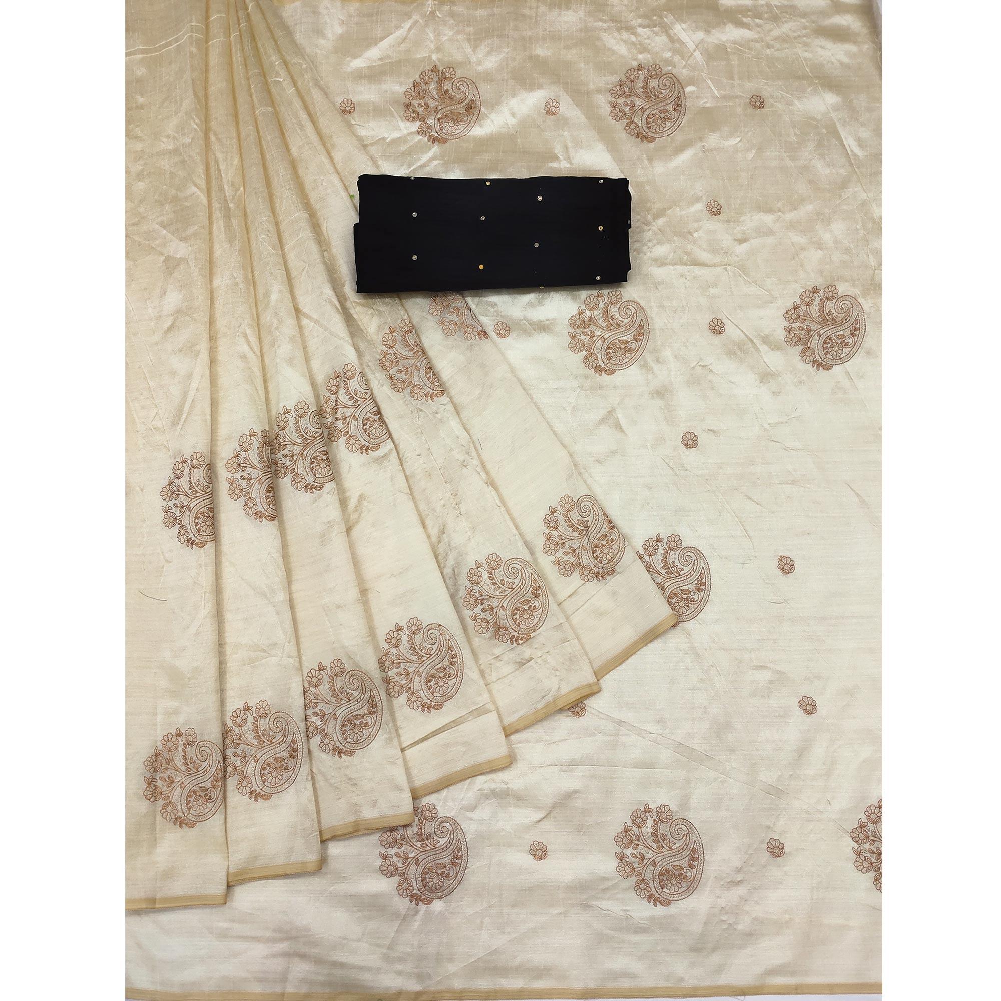 Cream-Brown Embroidered Assam Silk Saree - Peachmode