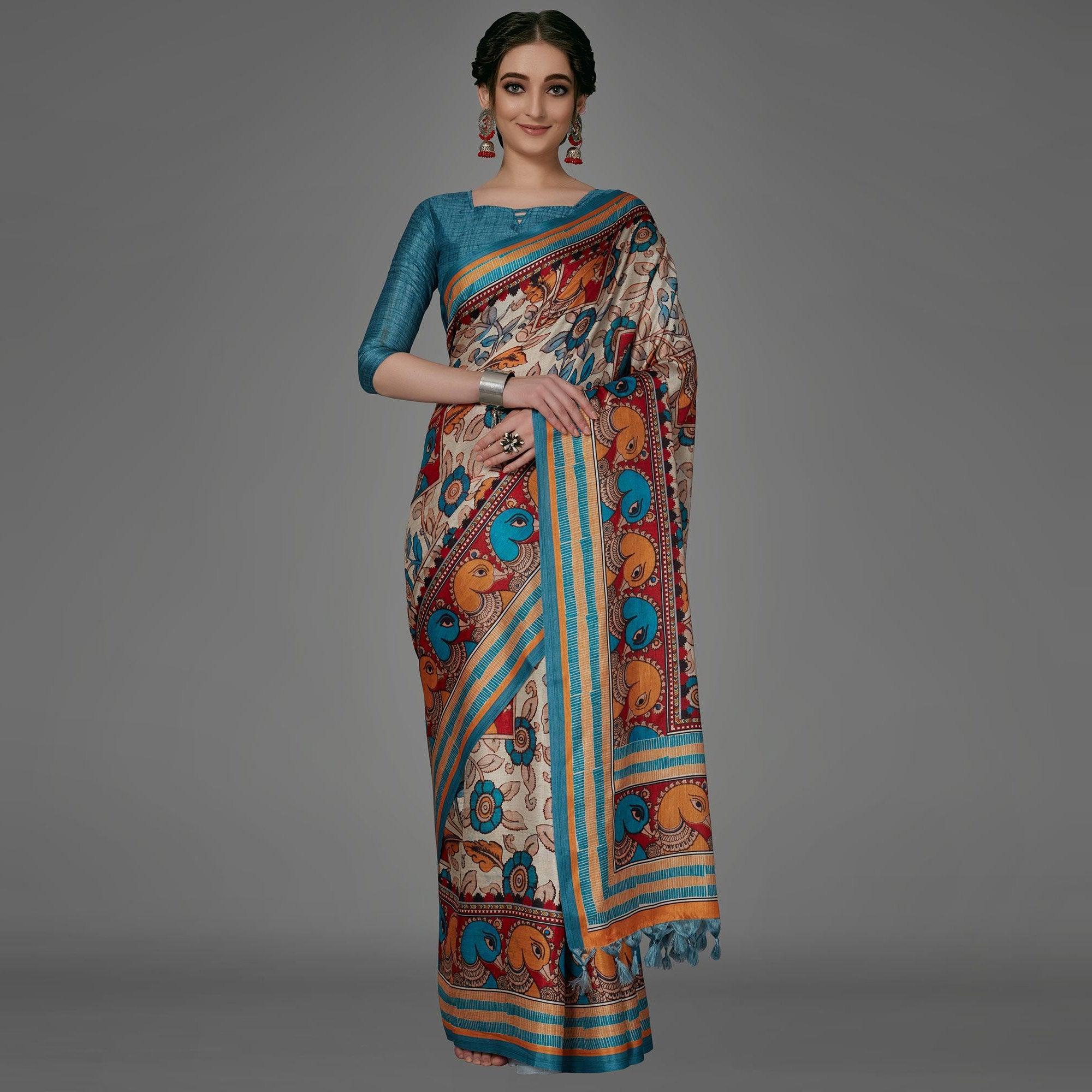 Cream Casual Art Silk Printed Saree With Unstitched Blouse - Peachmode