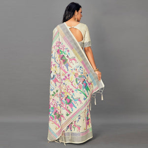 Cream Casual Art Silk Printed Saree With Unstitched Blouse - Peachmode