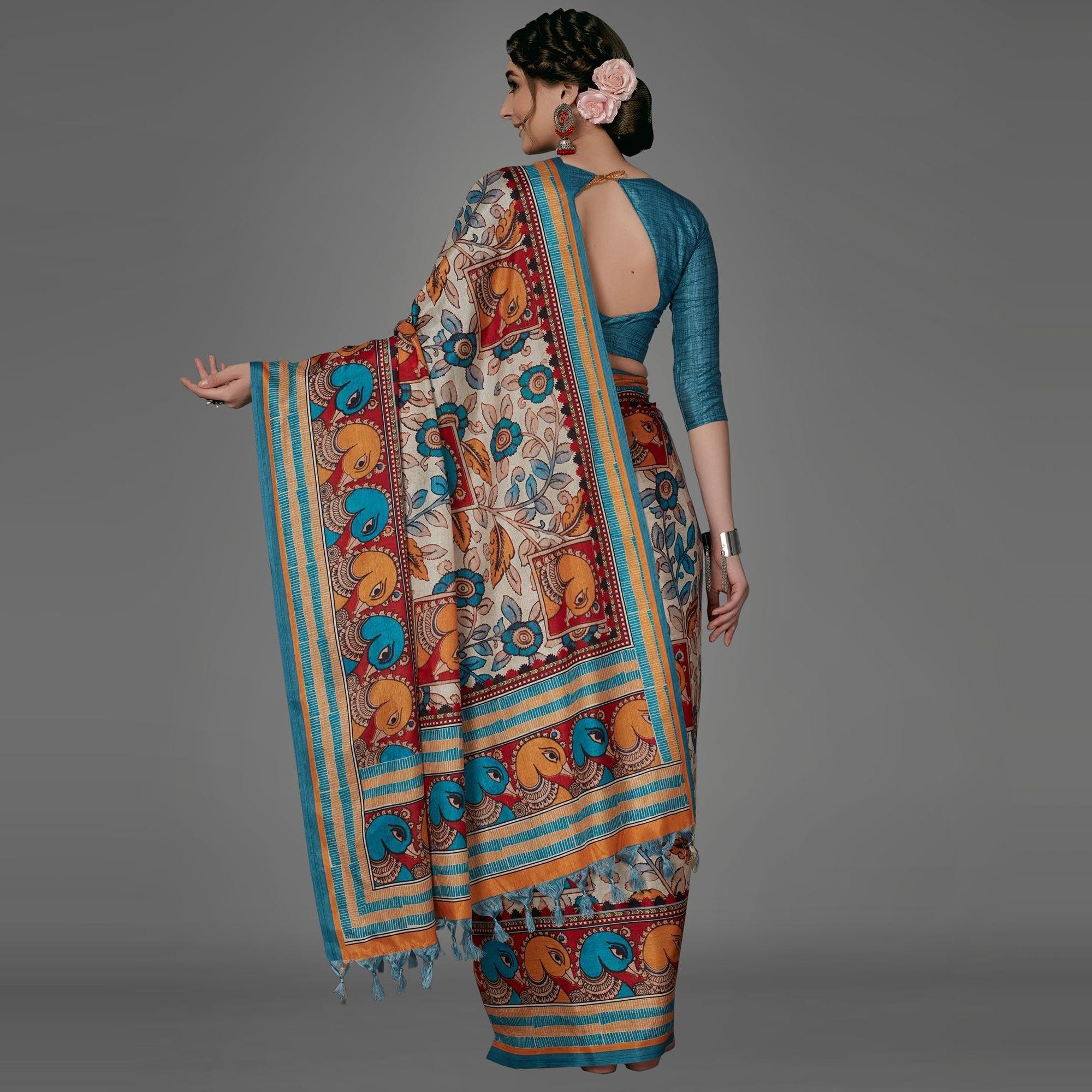 Cream Casual Art Silk Printed Saree With Unstitched Blouse - Peachmode