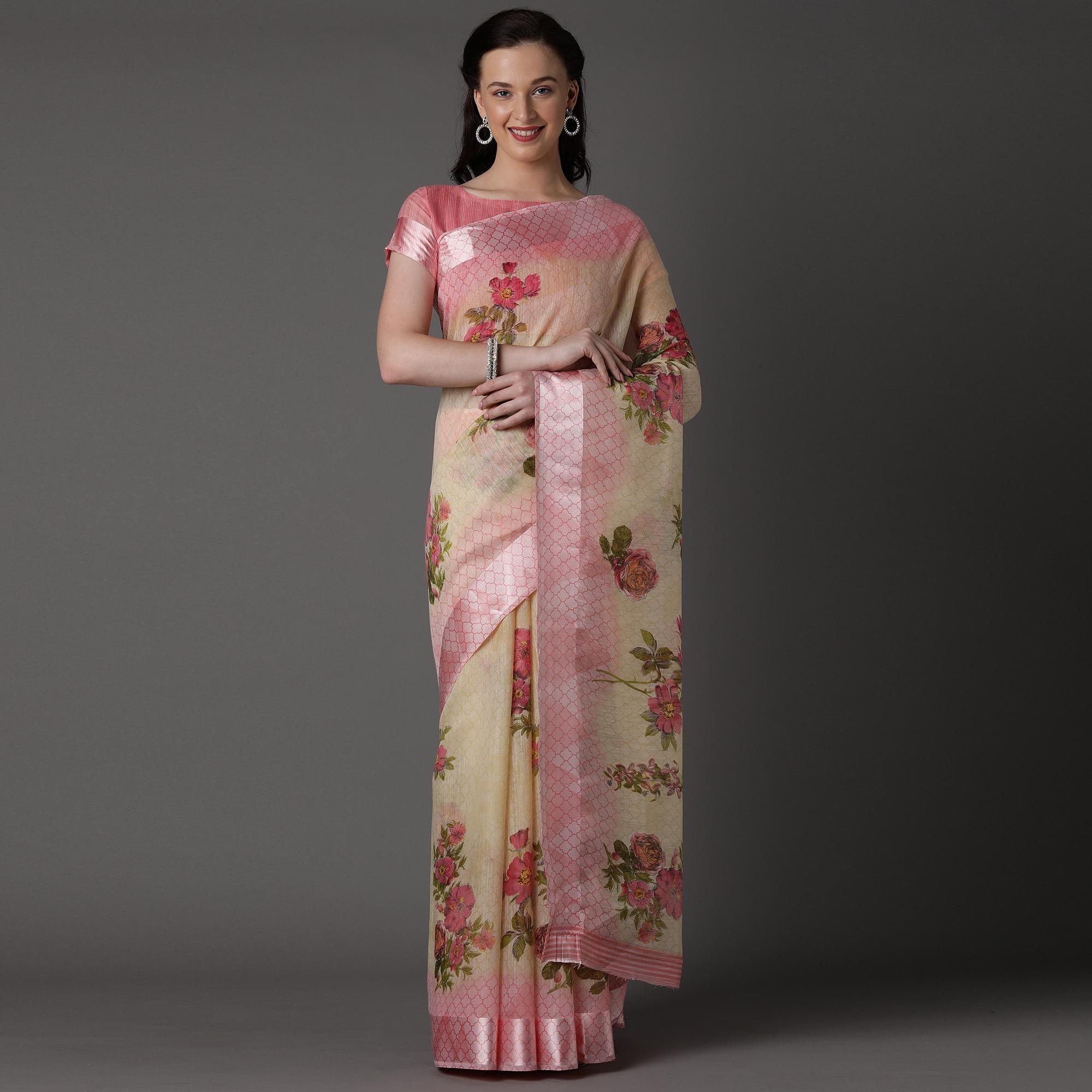 Cream Casual Cotton Silk with Satin Patta Printed Saree With Unstitched Blouse - Peachmode
