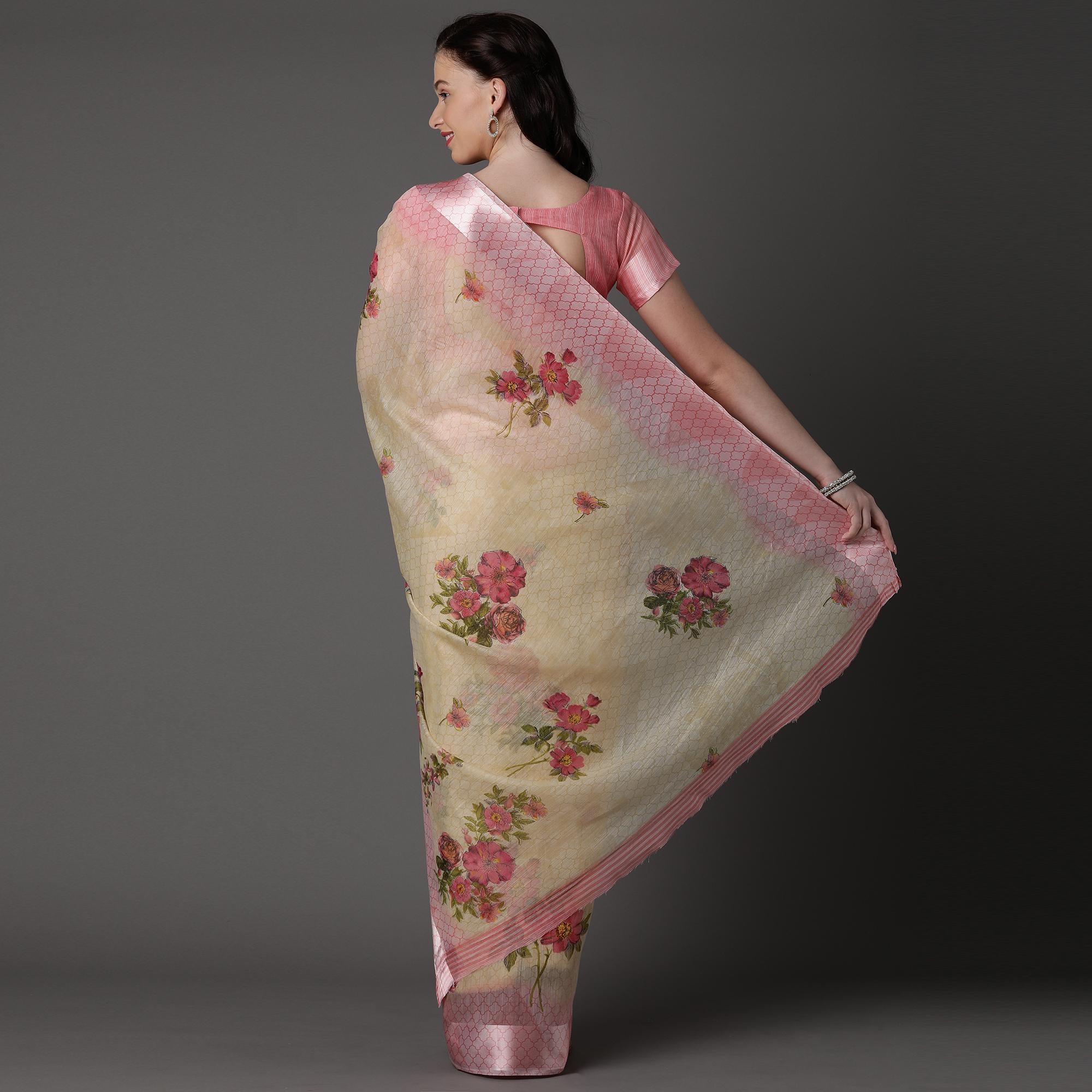 Cream Casual Cotton Silk with Satin Patta Printed Saree With Unstitched Blouse - Peachmode