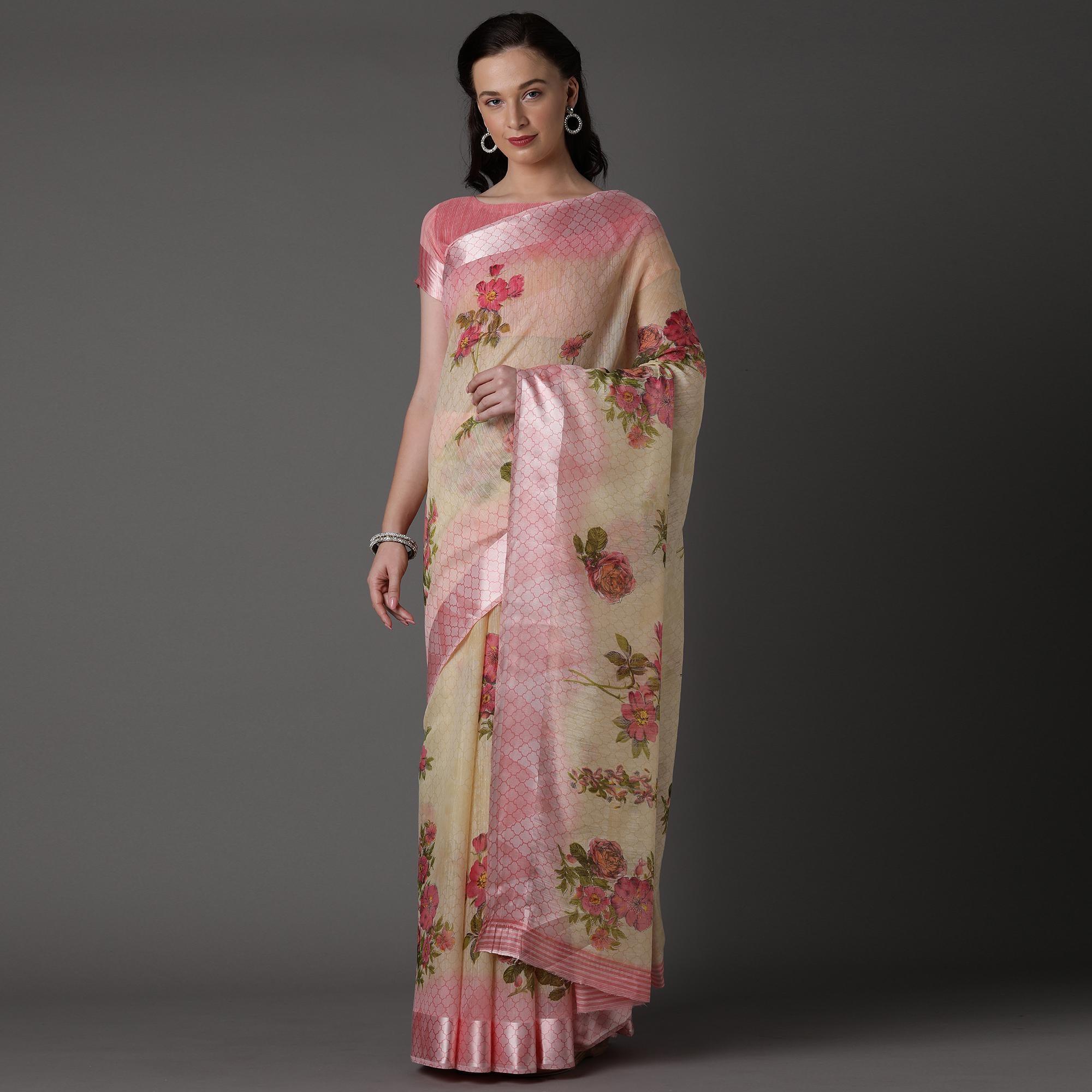 Cream Casual Cotton Silk with Satin Patta Printed Saree With Unstitched Blouse - Peachmode
