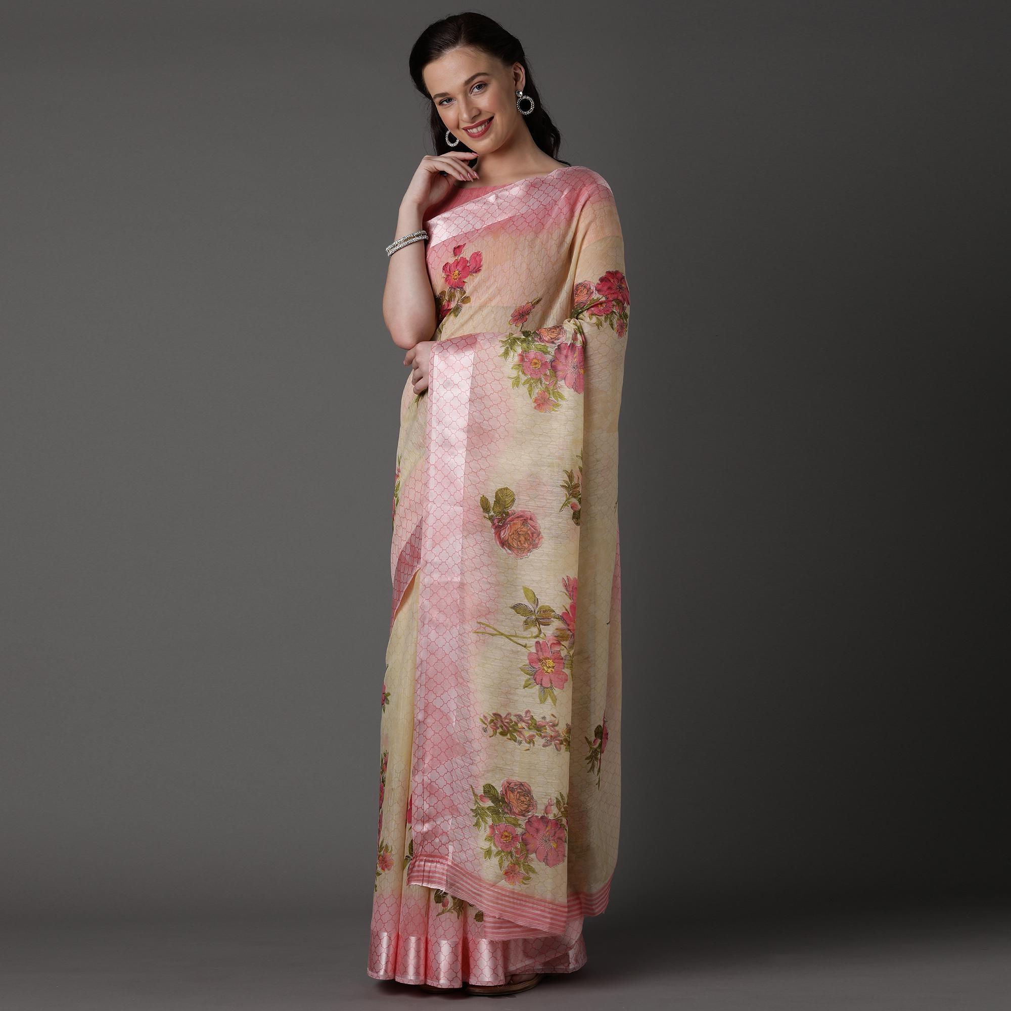 Cream Casual Cotton Silk with Satin Patta Printed Saree With Unstitched Blouse - Peachmode