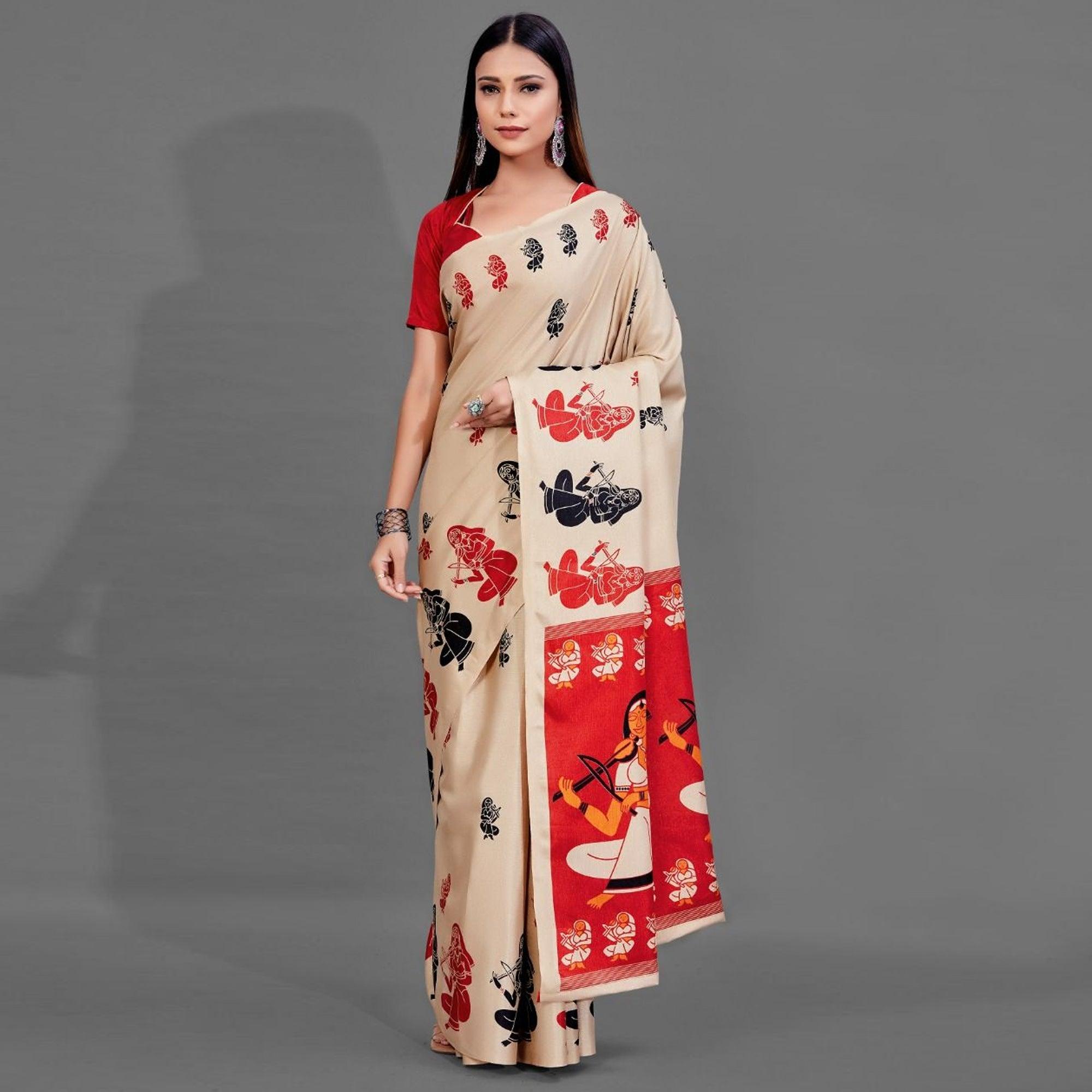 Cream Casual Manipuri Silk Saree With Unstitched Blouse - Peachmode