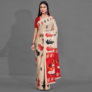 Cream Casual Manipuri Silk Saree With Unstitched Blouse - Peachmode