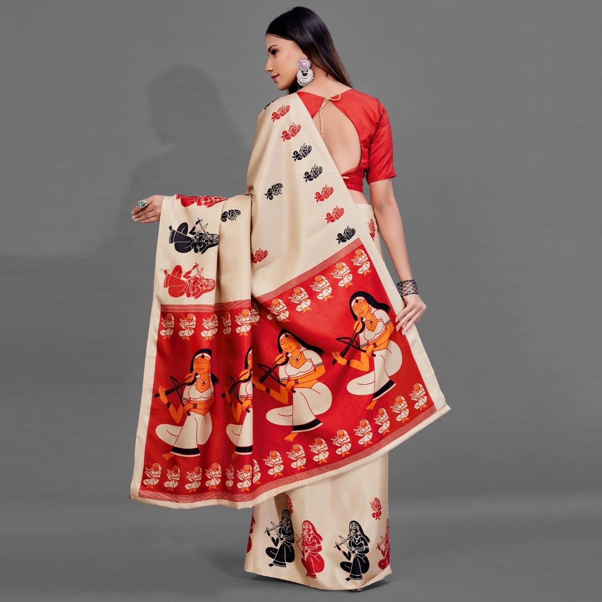 Cream Casual Manipuri Silk Saree With Unstitched Blouse - Peachmode