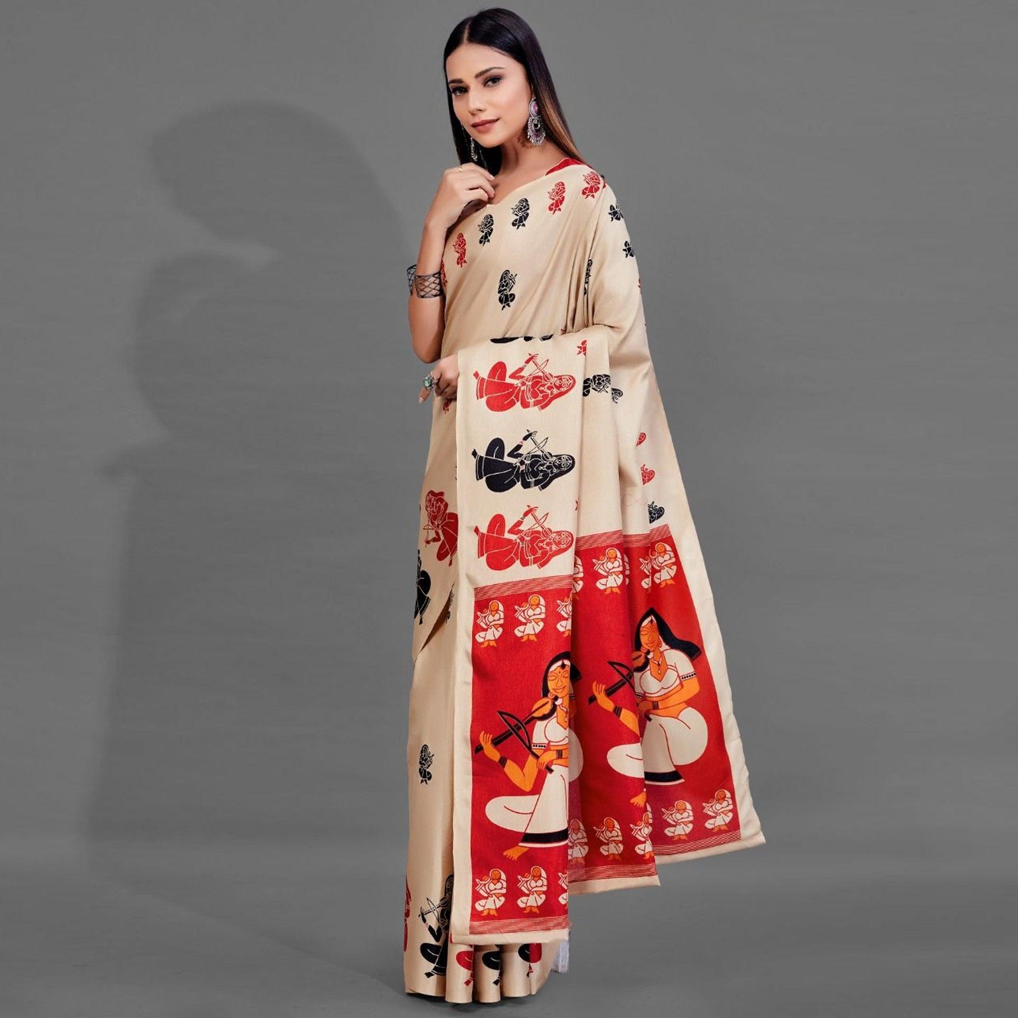 Cream Casual Manipuri Silk Saree With Unstitched Blouse - Peachmode