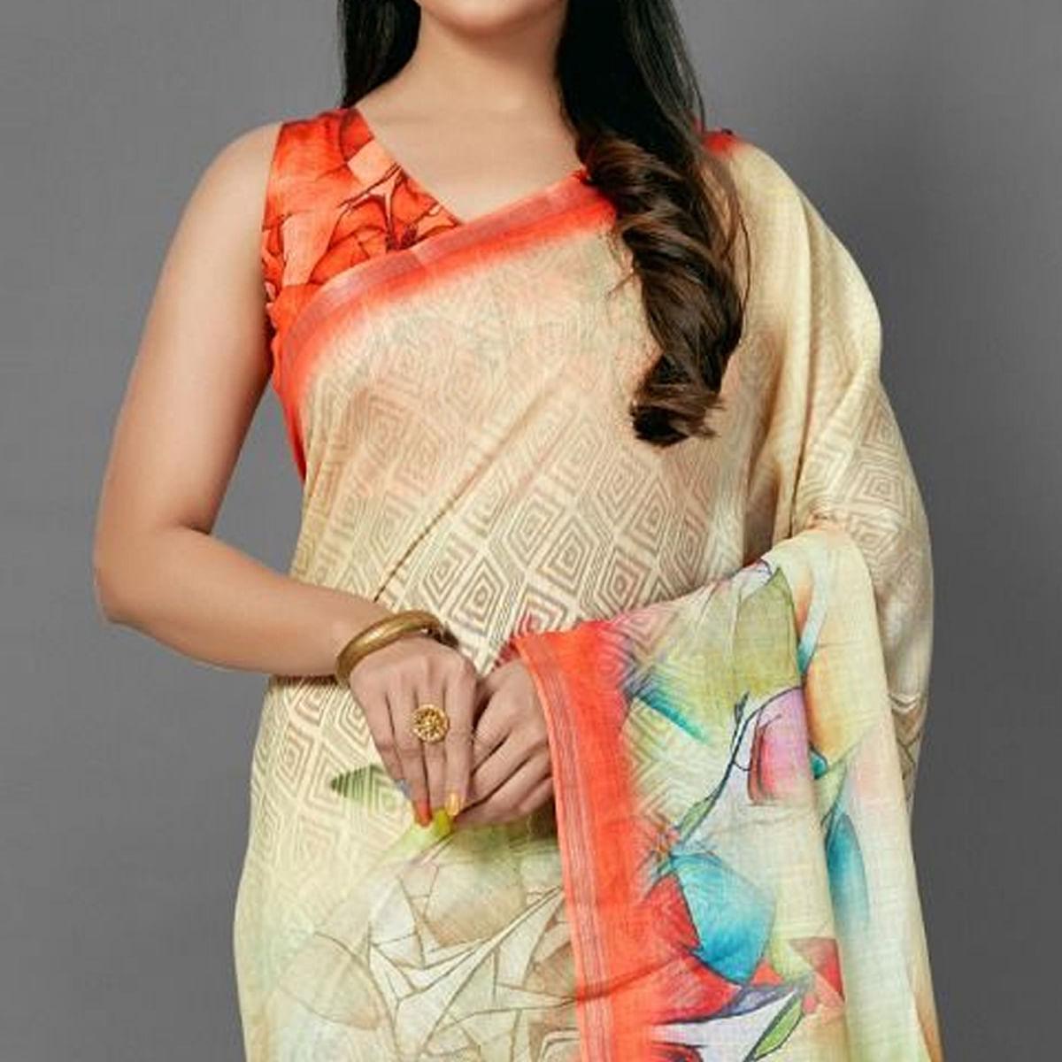 Cream Casual Pure Linen Digital Print Saree With Unstitched Blouse - Peachmode