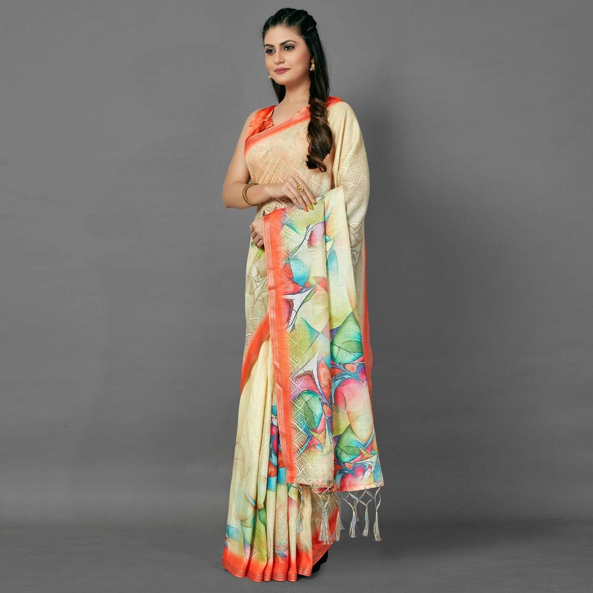 Cream Casual Pure Linen Digital Print Saree With Unstitched Blouse - Peachmode