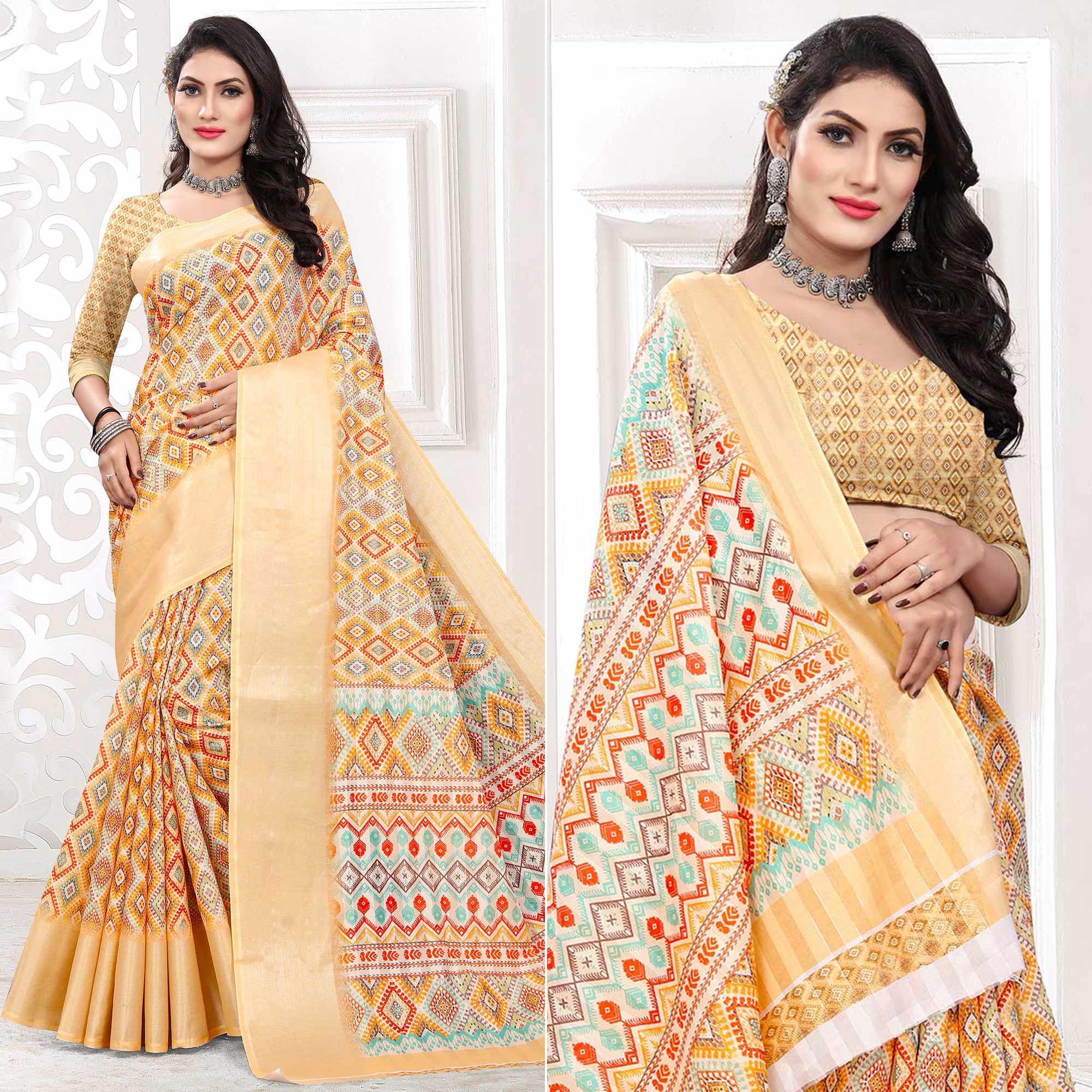 Cream Casual Wear Digital Printed Cotton Silk Saree - Peachmode