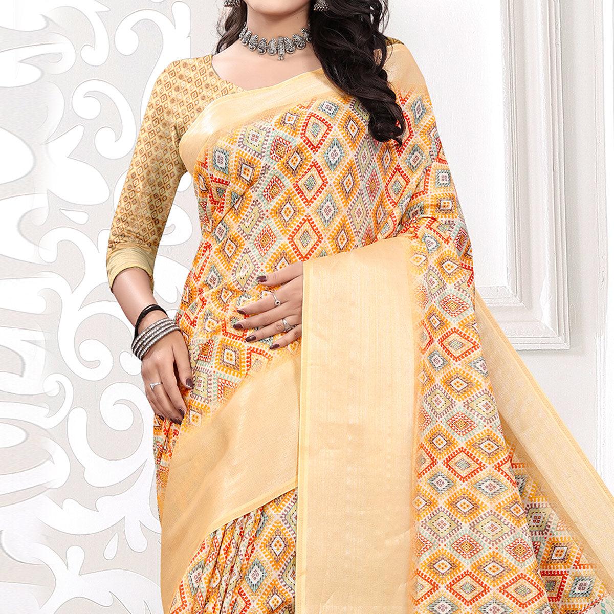 Cream Casual Wear Digital Printed Cotton Silk Saree - Peachmode