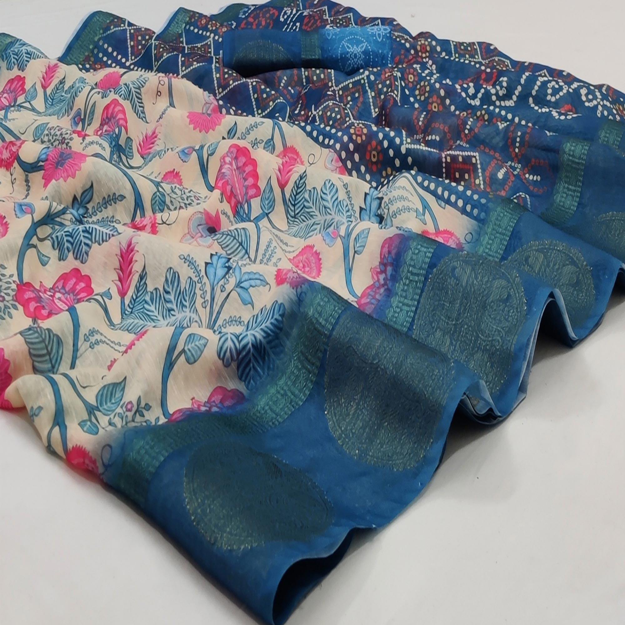 Cream Casual Wear Digital Printed Linen Saree Woven Border - Peachmode