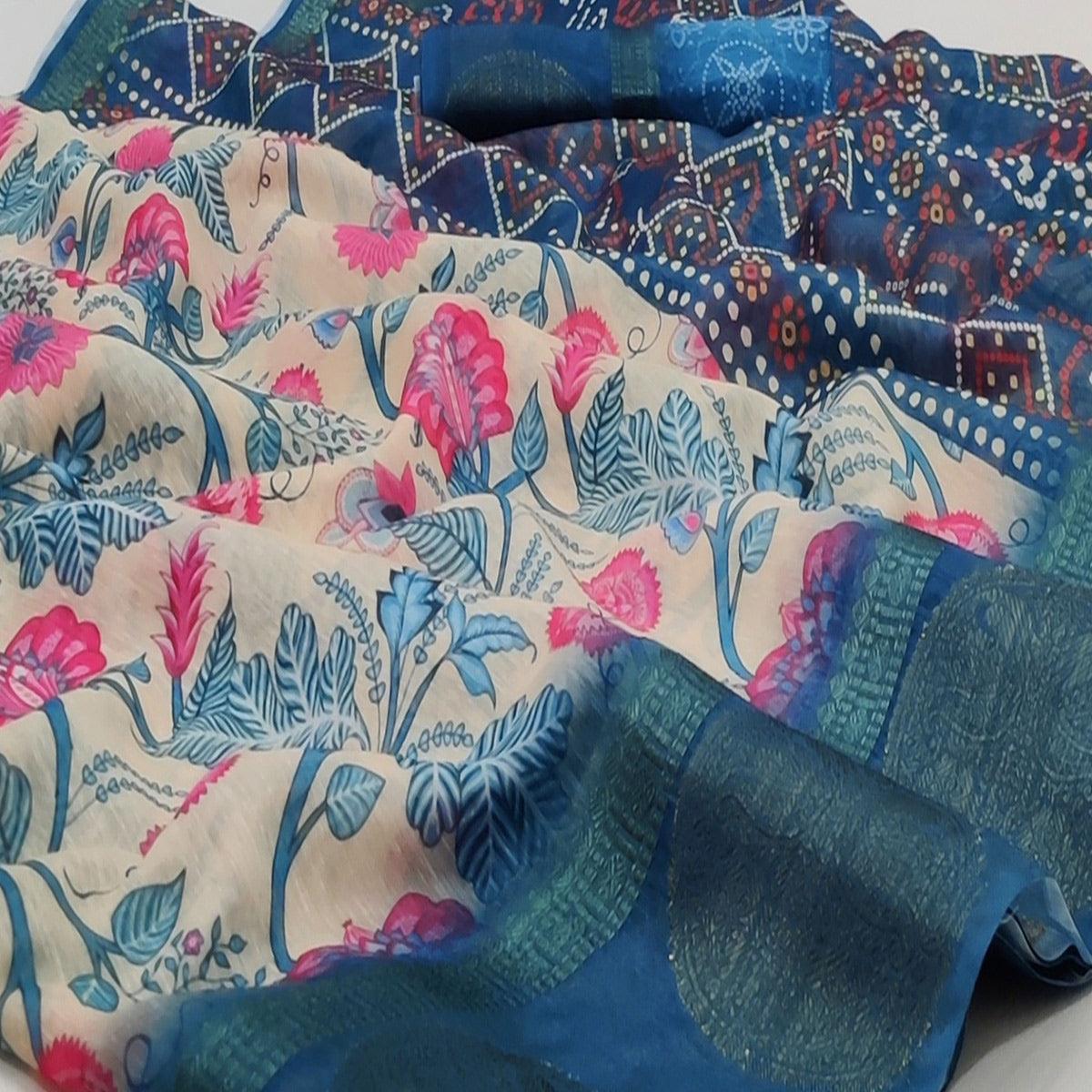 Cream Casual Wear Digital Printed Linen Saree Woven Border - Peachmode