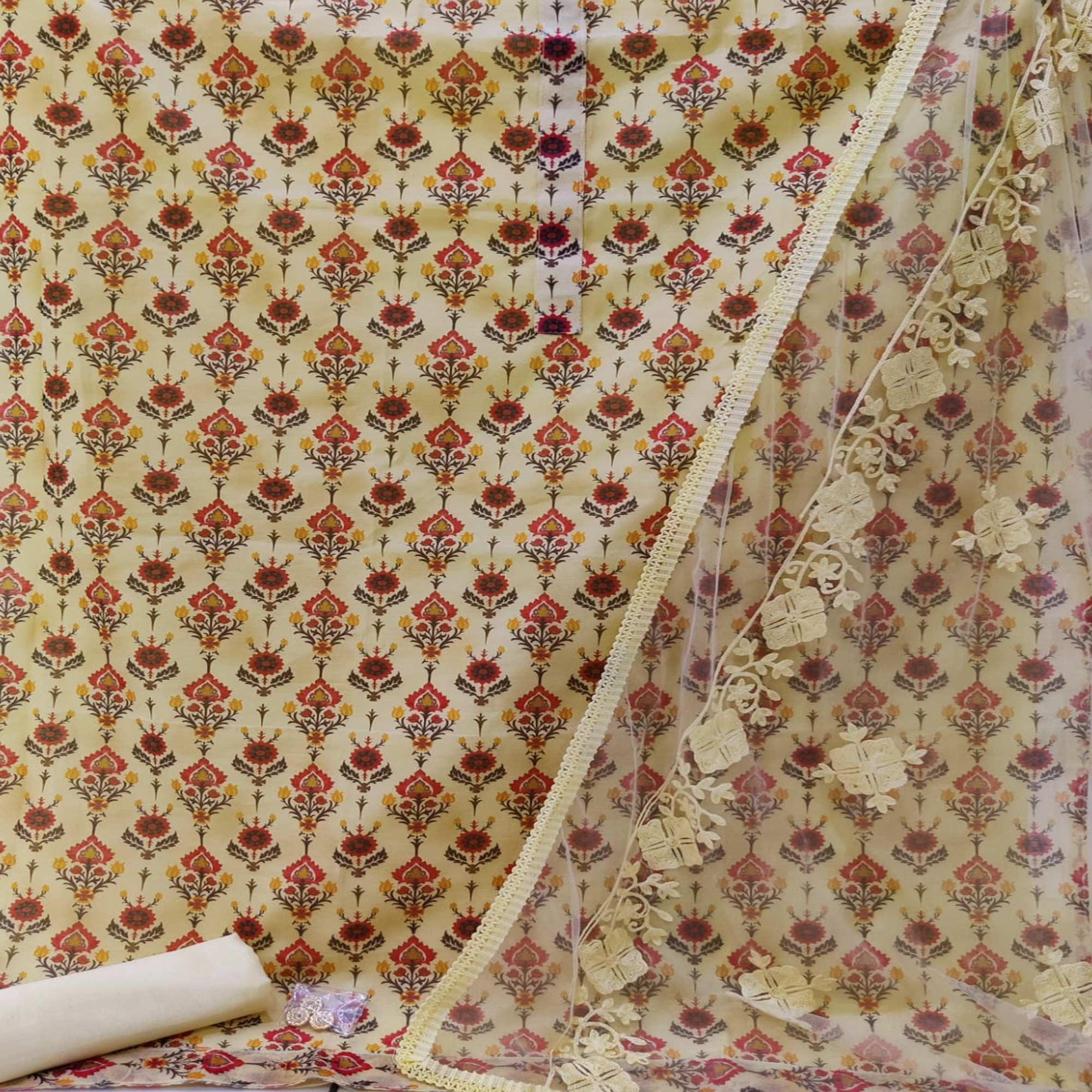 Cream Casual Wear Digital Printed Modal Chanderi  Dress Material - Peachmode