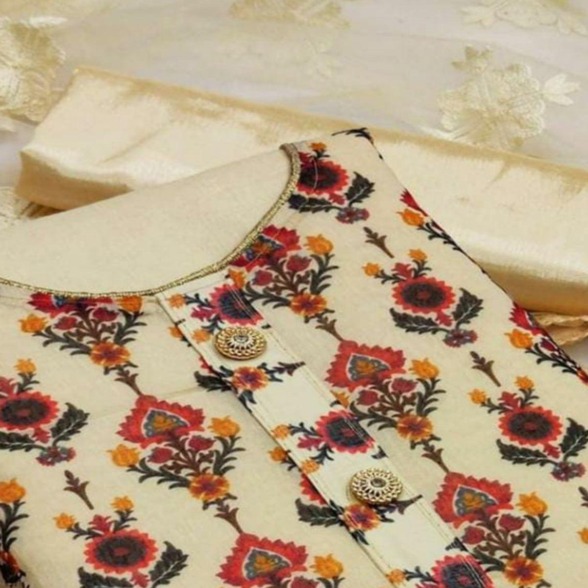 Cream Casual Wear Digital Printed Modal Chanderi  Dress Material - Peachmode