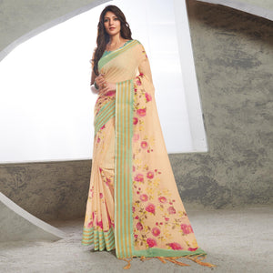 Cream Casual Wear Digital Printed Pure Linen Saree - Peachmode