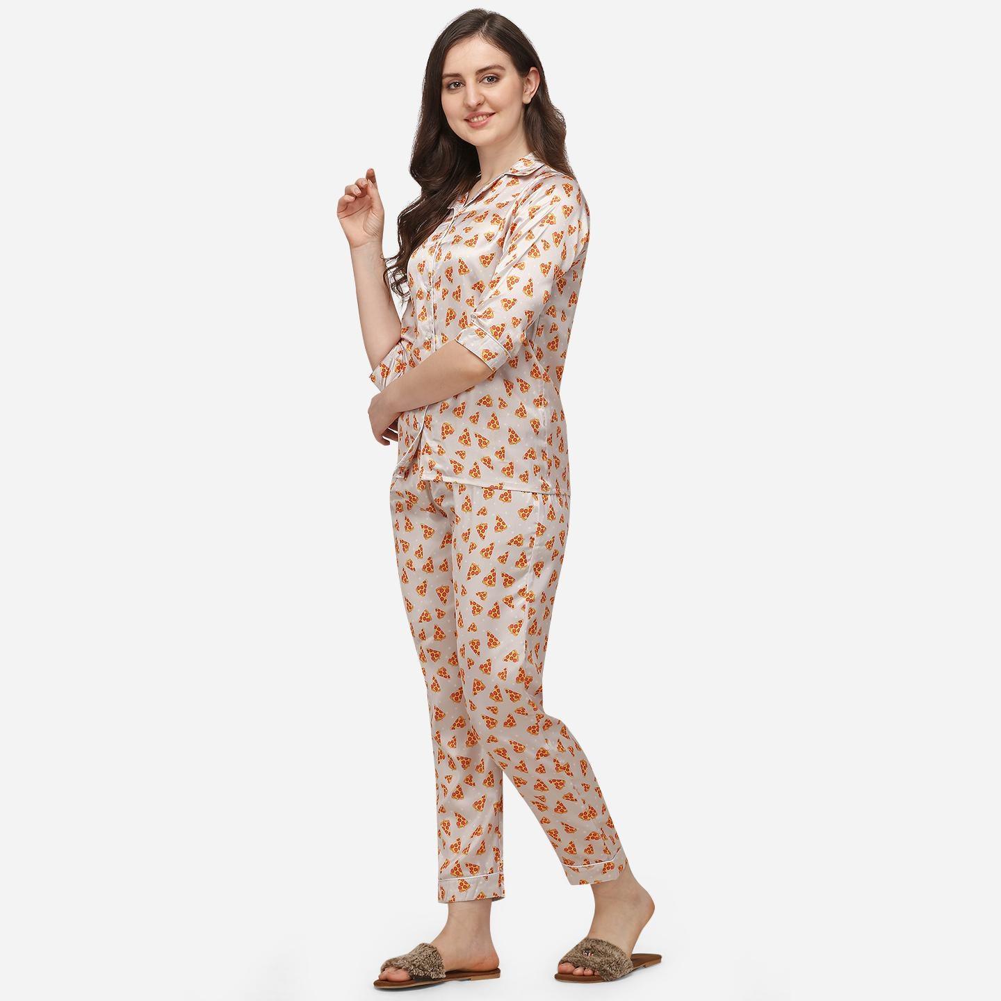Cream Casual Wear Digital Printed Satin Night Suit - Peachmode