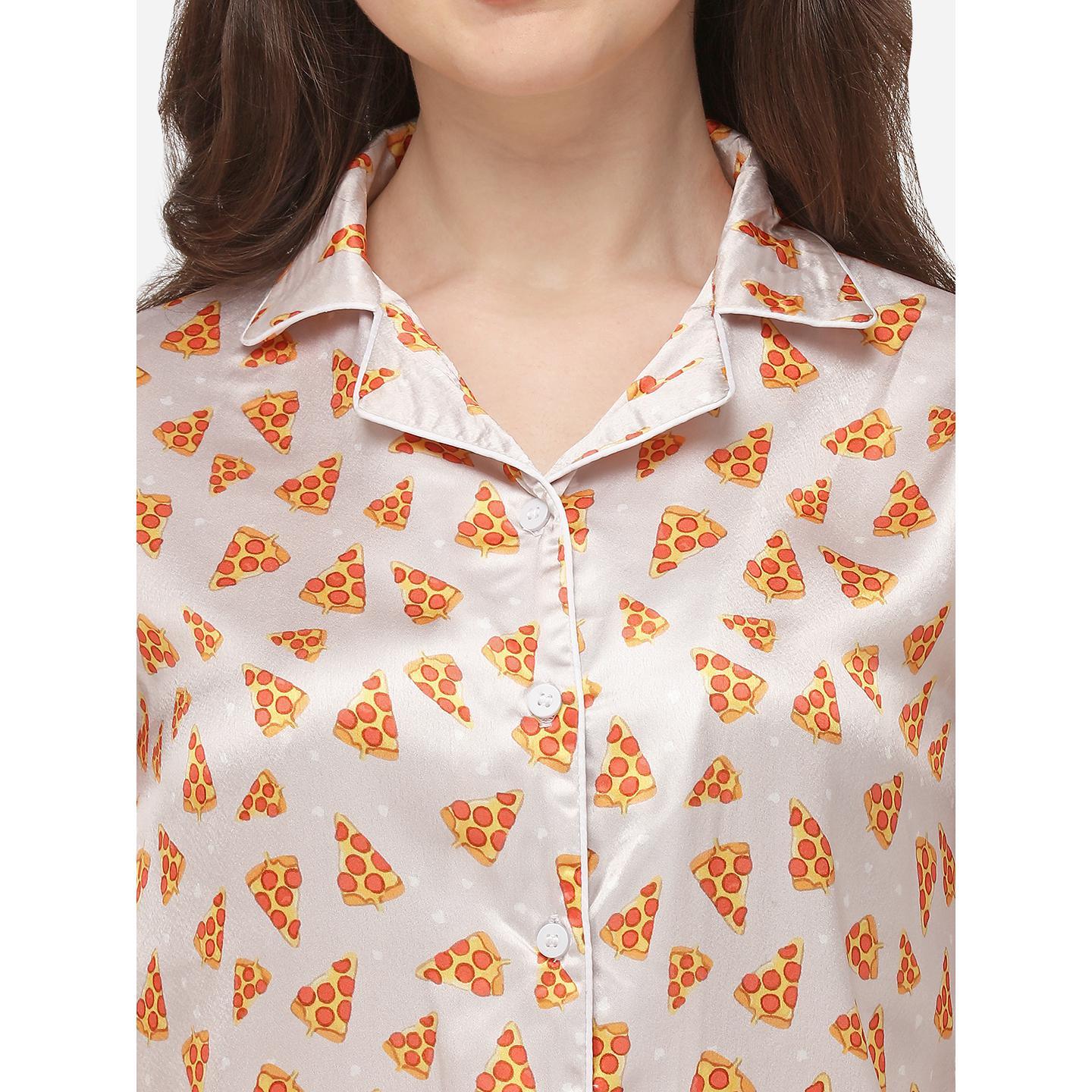 Cream Casual Wear Digital Printed Satin Night Suit - Peachmode