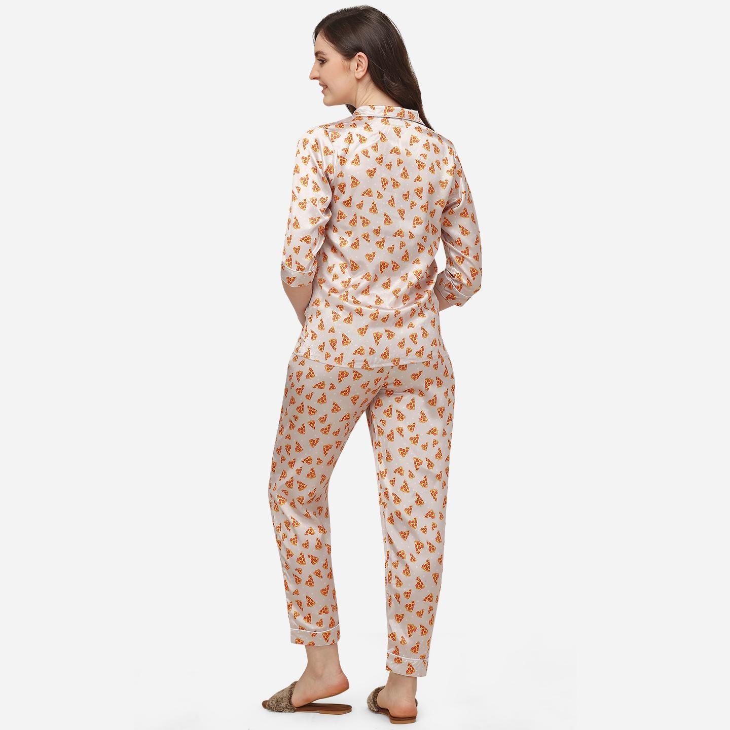 Cream Casual Wear Digital Printed Satin Night Suit - Peachmode