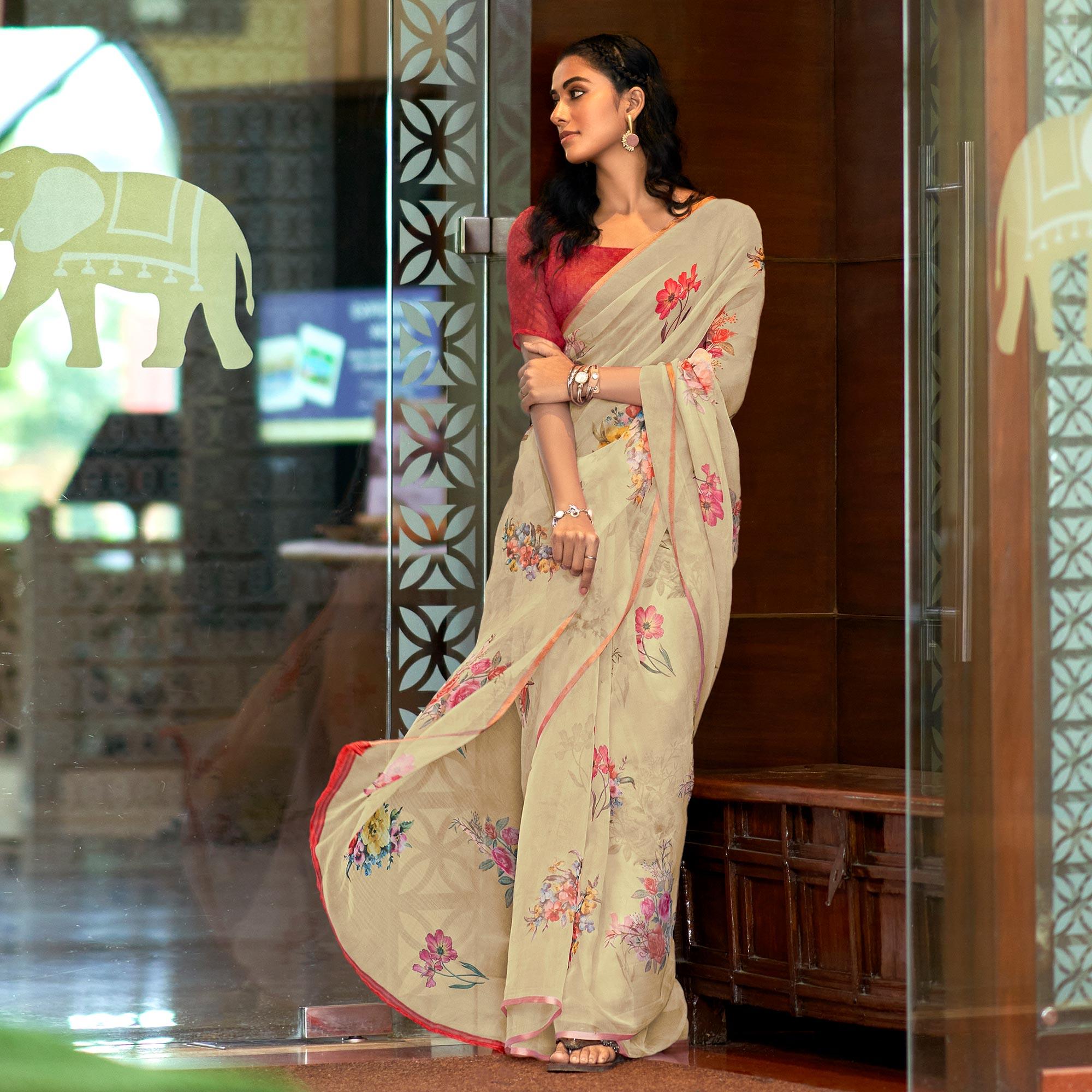 Cream Casual Wear Digital Printed Soft Organza Saree - Peachmode