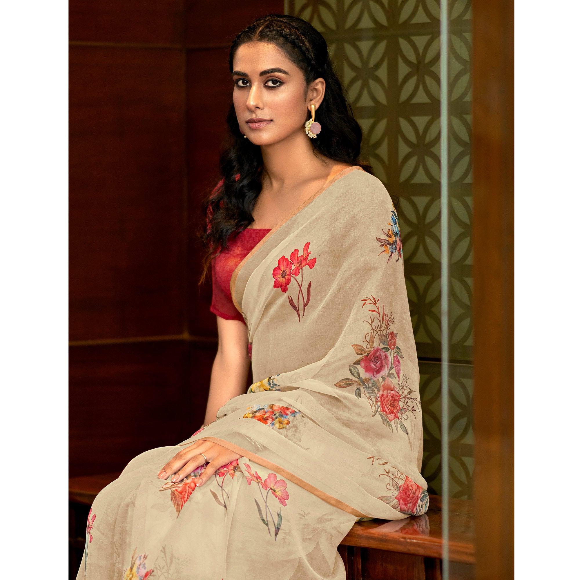 Cream Casual Wear Digital Printed Soft Organza Saree - Peachmode