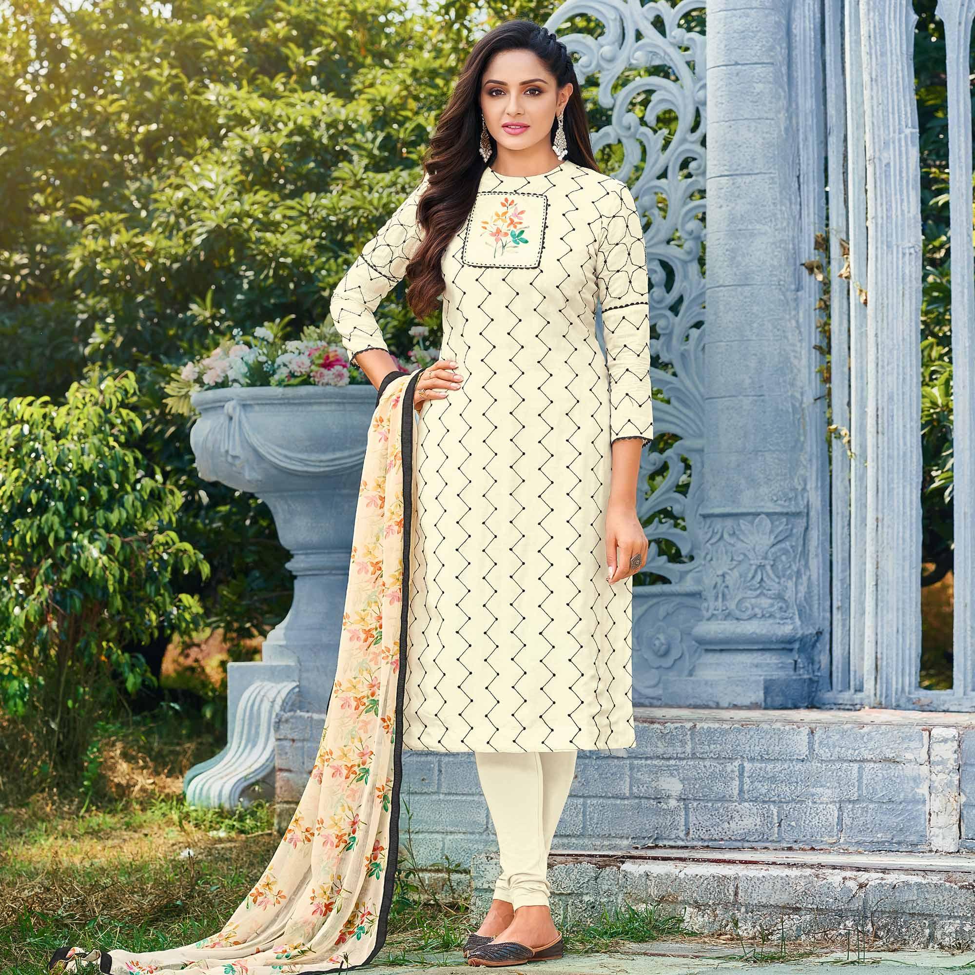 Cream Casual Wear Embroidered Chanderi Dress Material - Peachmode